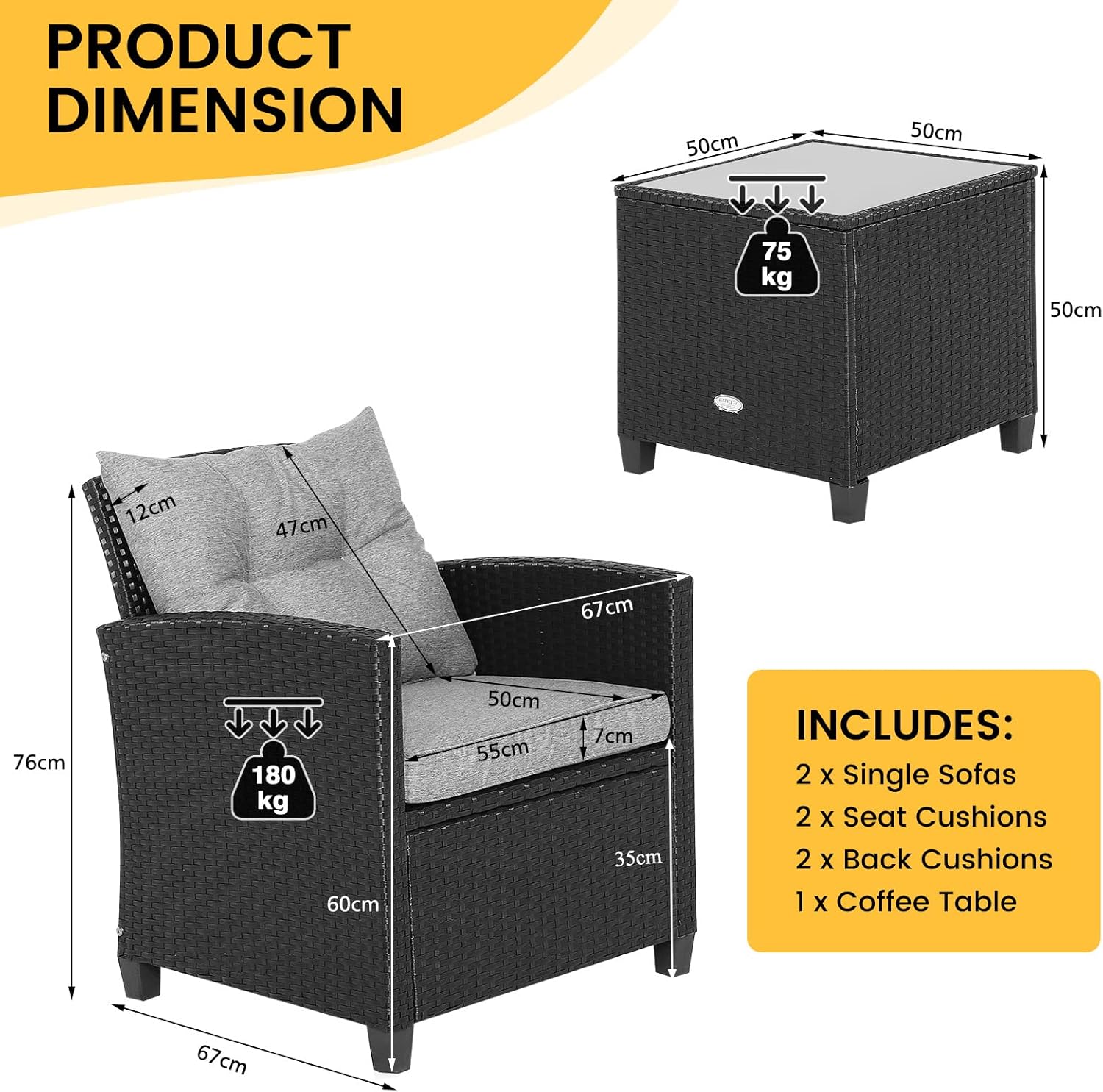 Costway 3 Piece Outdoor Wicker Sofa Set, Patio Rattan Conversation Set, Sturdy Tempered Glass Tabletop, Heavy-Duty Steel Structure, Weatherproof Wicker Set for Poolside, Backyard (Grey)