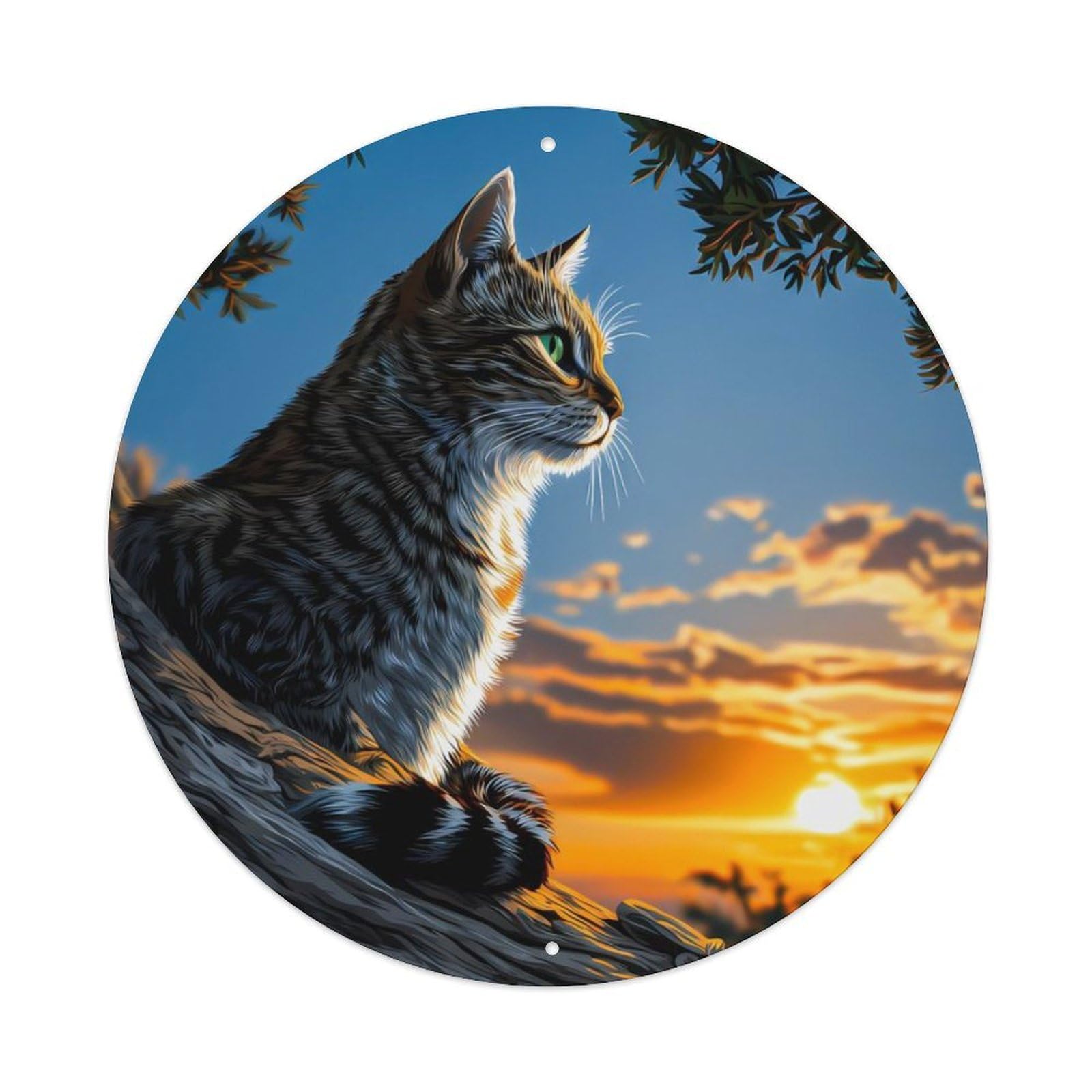 Animal Tabby Cat Sunset Tranquil Landscape Vintage Metal Tin Sign Plaque Wall Decor for Cafe, Club Bar, Office, Garden Metal Poster 8x8Inch