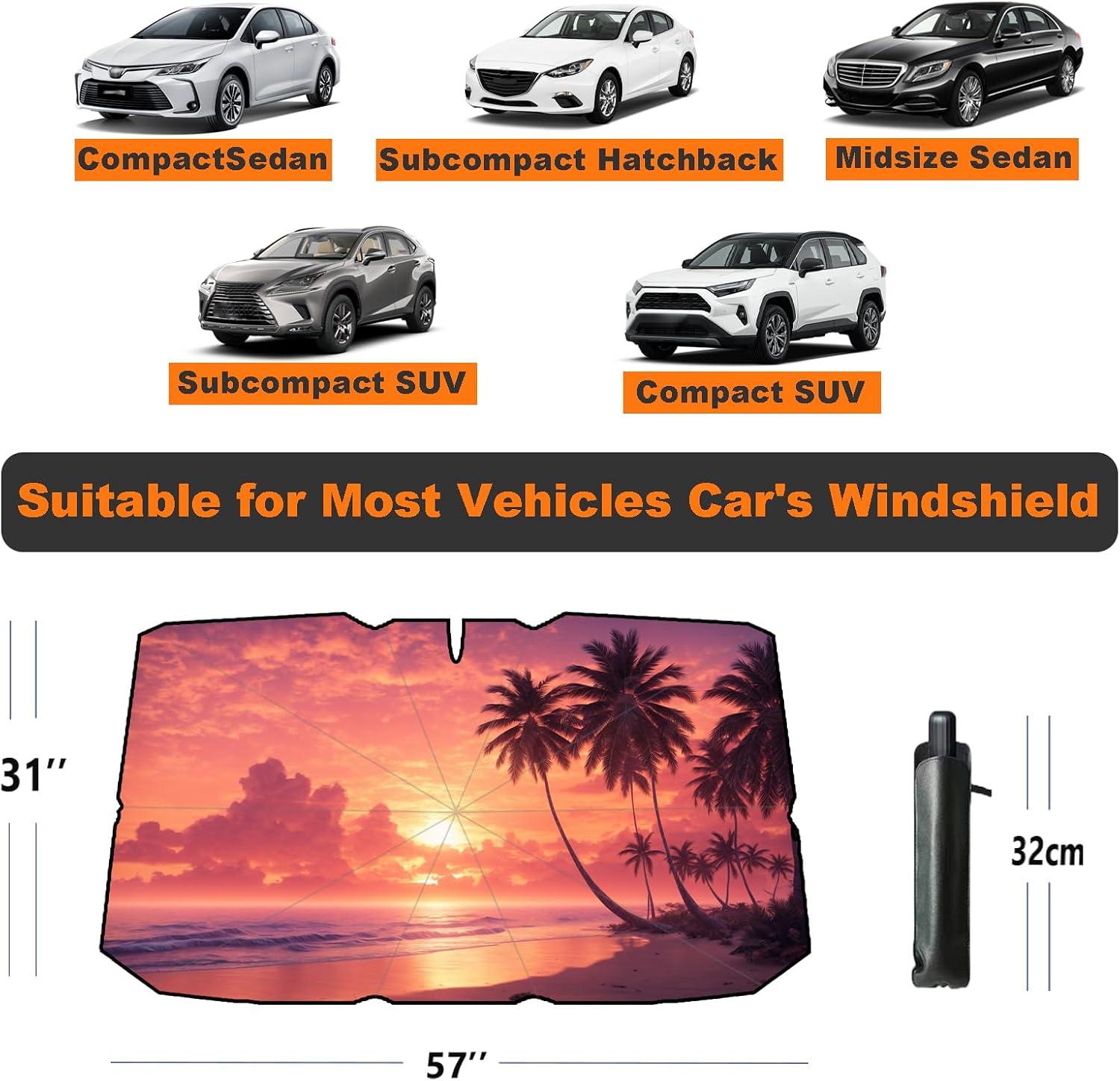 Windshield Sun Shade Umbrella for Car Front Window Sun Visor for Windshield Car Summer Accessories Protect Interior from UV Rays & Heat for Sedan, Compact SUV, Hatchbacks 57"*31" image 2