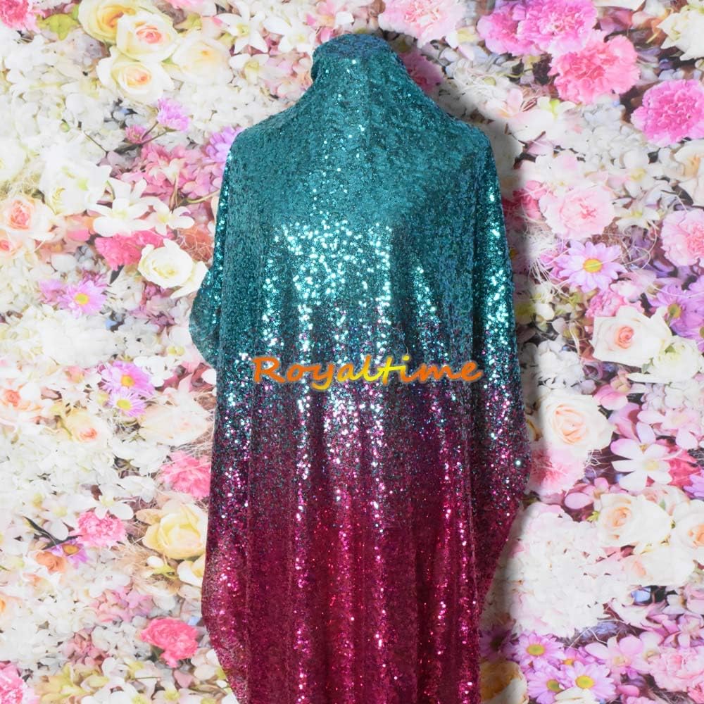 2 Yards Sequin Fabric by The Yard Turquoise Fuchsia Gradient with Lace Two Way Spandex Metallic Polyester Embroidered Mesh Fabric for Dress Sewing