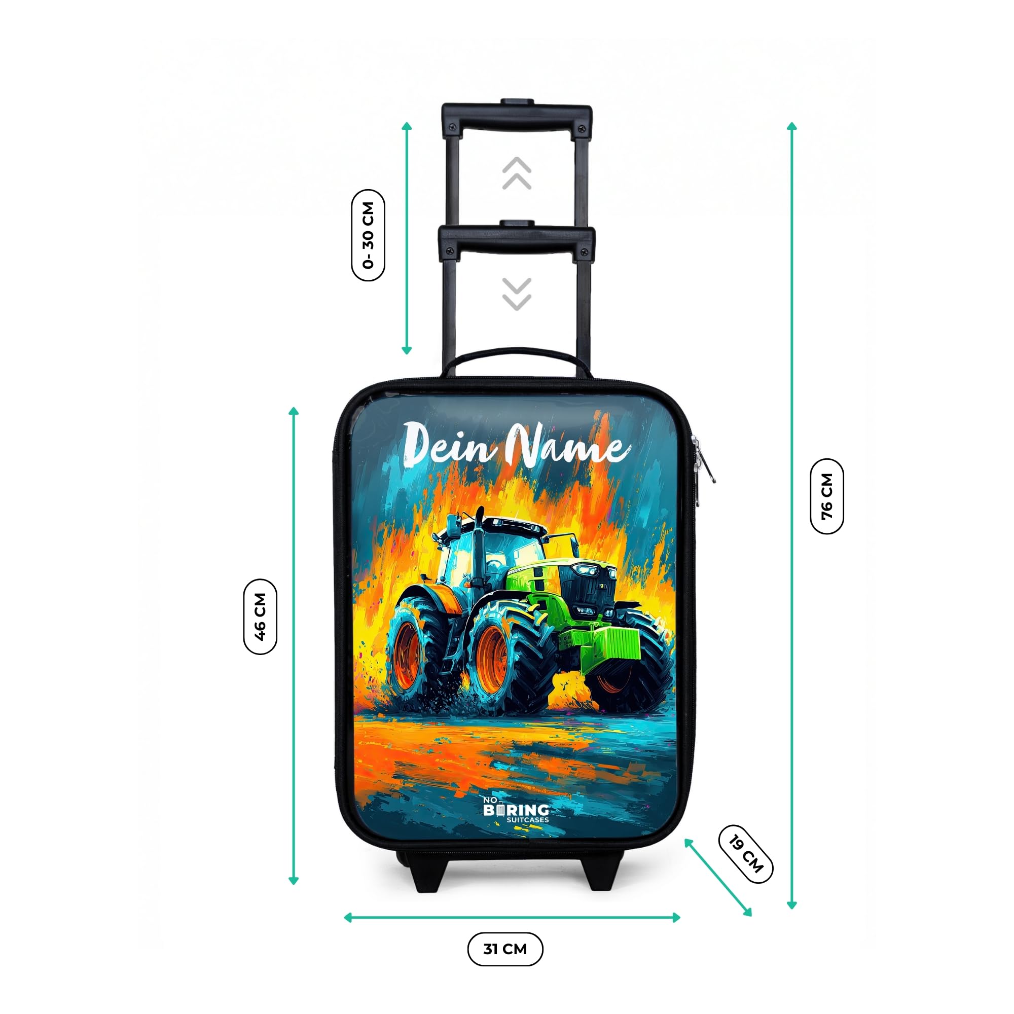 NoBoringSuitcases.com® Kinderkoffer Klein Personalisiert mit Name 48x31x19 cm Rollkoffer Kleiner Kinder Koffer mit LED Rollen Kindertrolley für Kind Traktor - Grün - Abstrakt