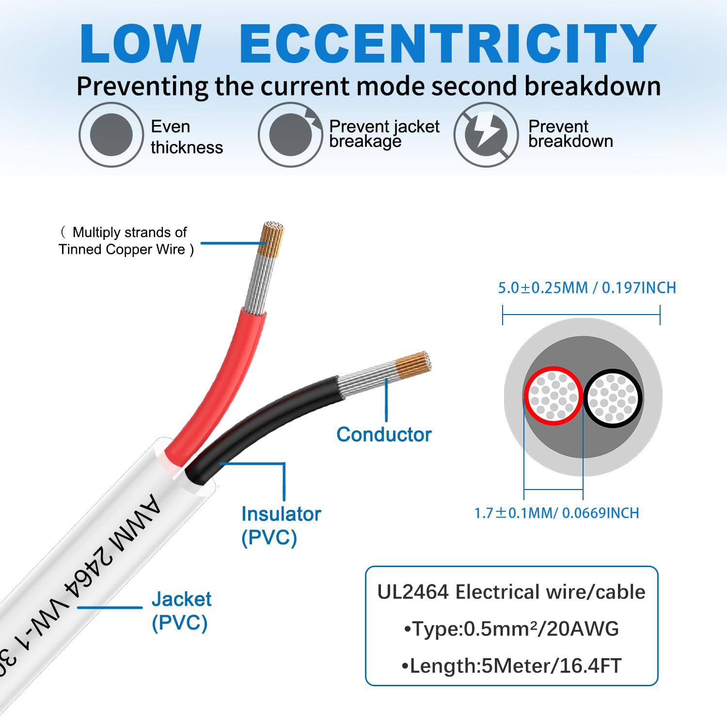 2×0.5mm² 5Metre 20AWG Cable eléctrico de 2 núcleos 5V/12V/24V/300V cable de cobre estañado libre de oxígeno de múltiples hebras para el paisaje, lámparas LED, automoción, al aire libre (20/2-5M)