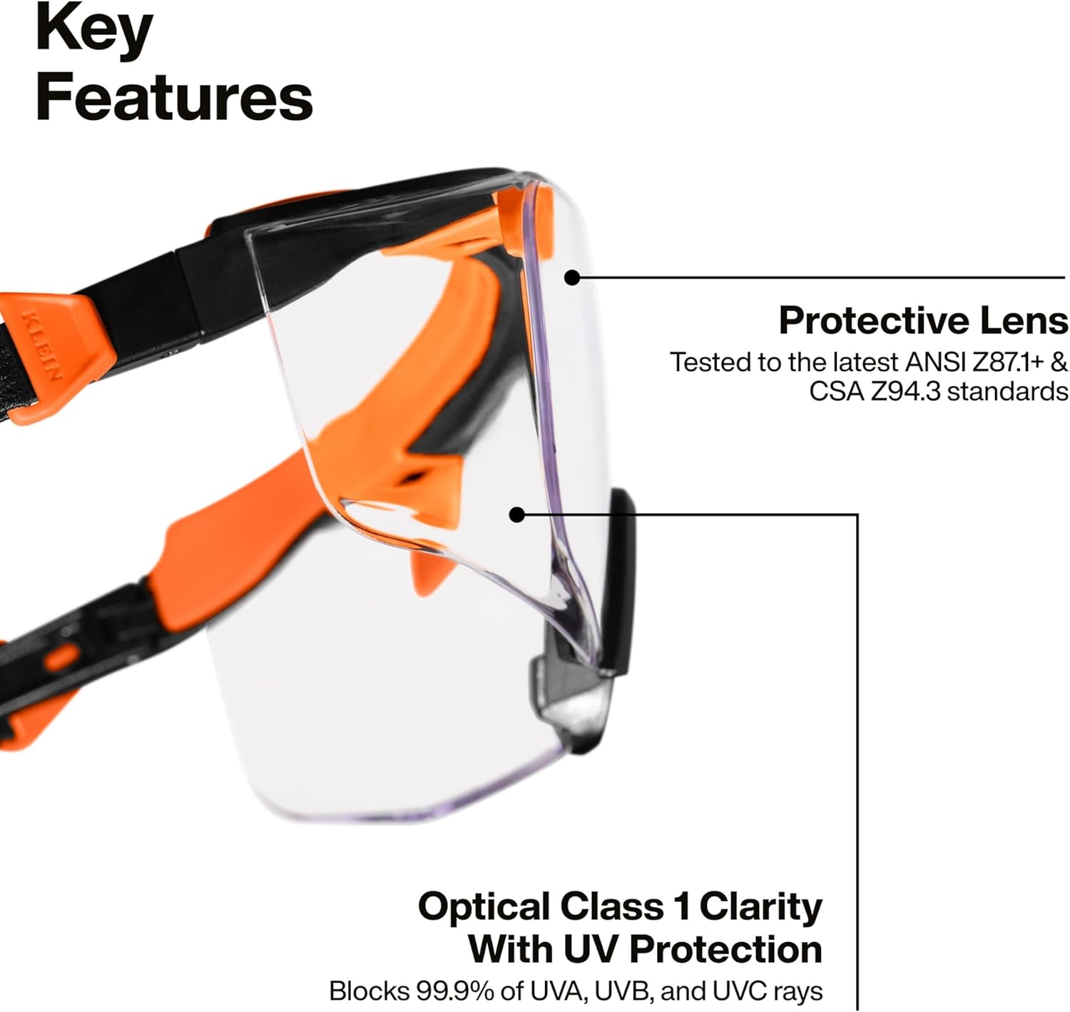 KLEIN TOOLS 03006 Over-The-Glasses Safety Glasses, Clear Lens, ANSI Z87.1+ and CSA Z94.3 Certified, Anti-Fog and Scratch Resistant, UV Protection, Fits Over Prescription Eyewear