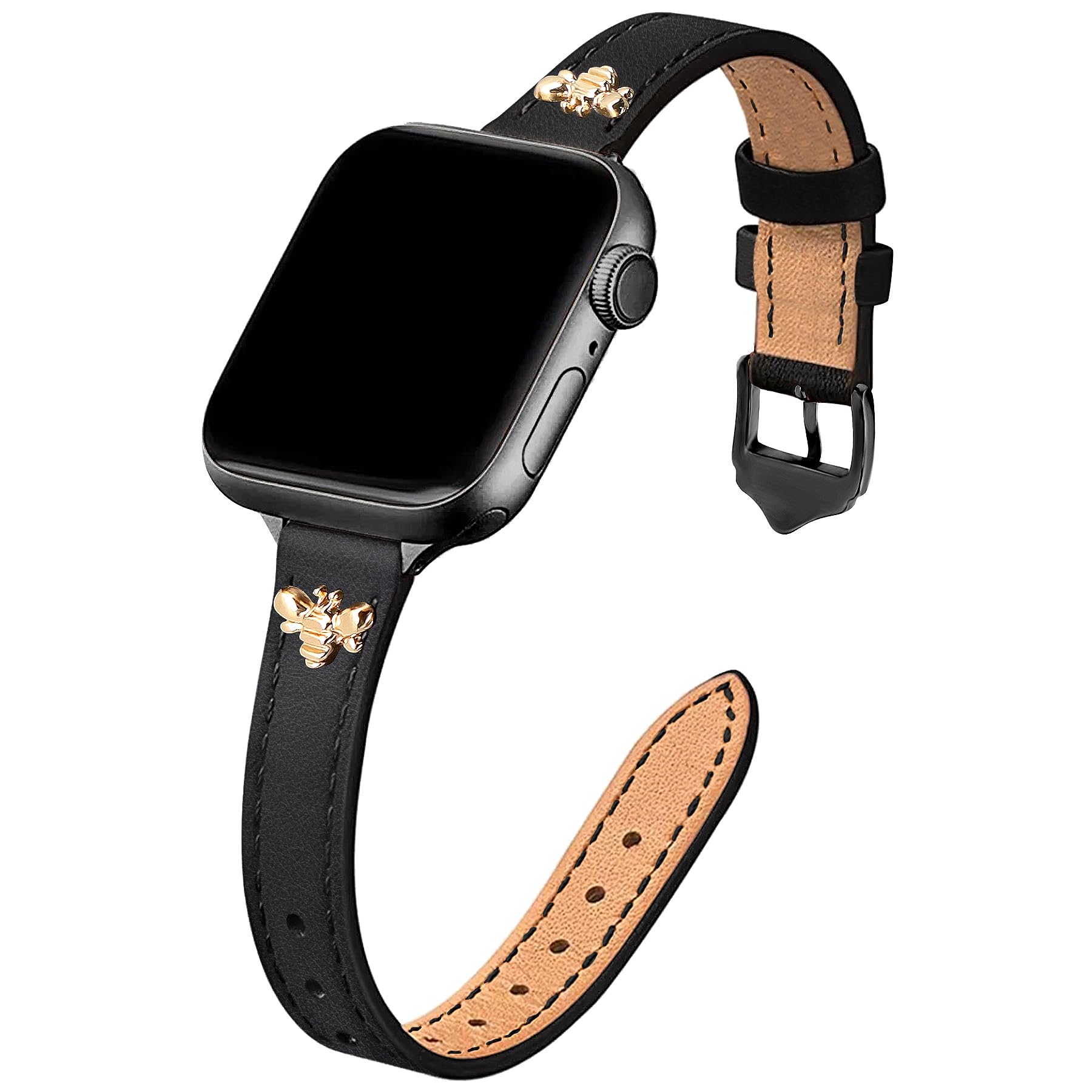 JR.DM Slim Leather Bands Compatible with Apple Watch Band 38mm 40mm 41mm 42mm 44mm 45mm 46mm 49mm, Genuine Leather Band with Charms, Feminine Design