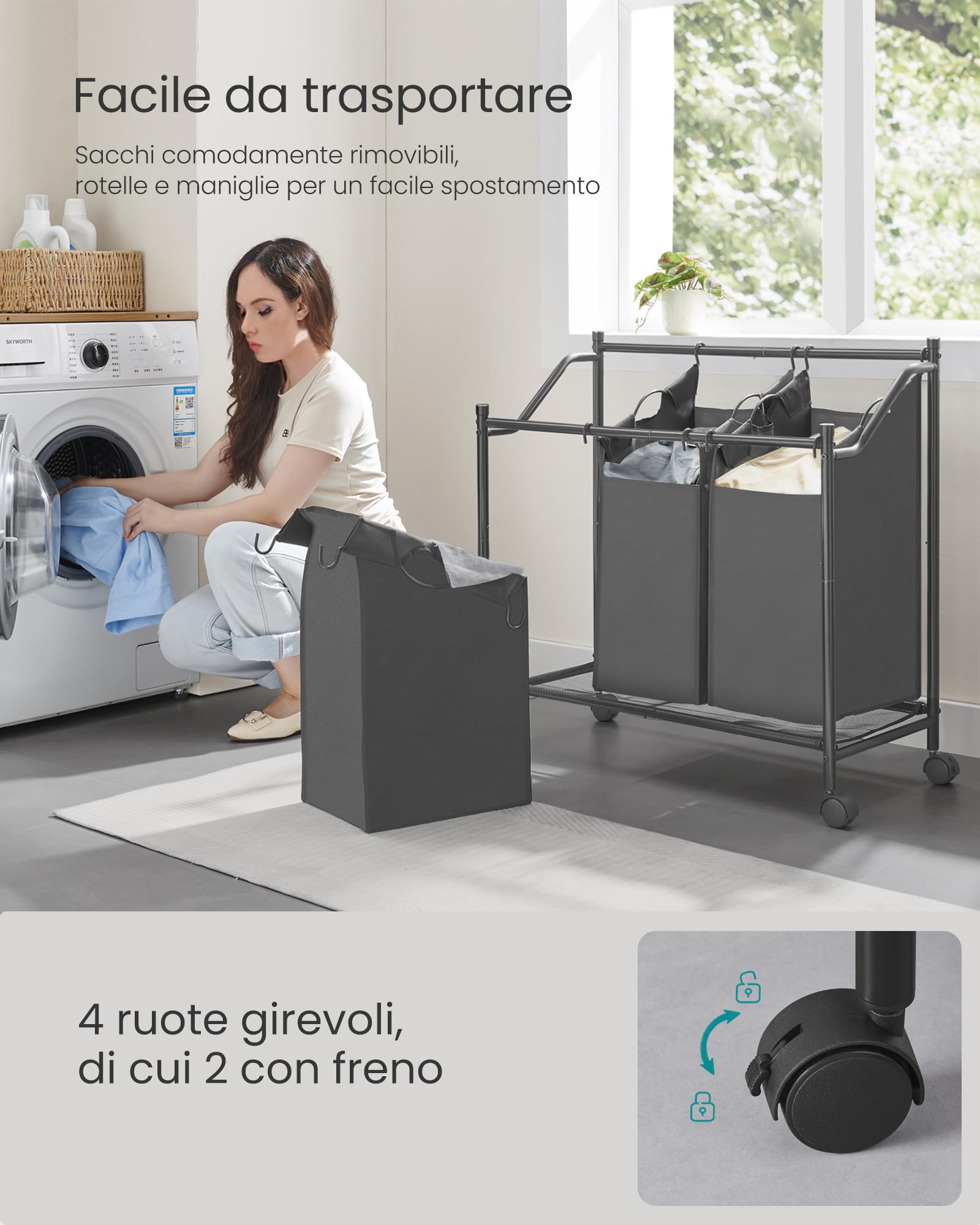 SONGMICS Carrello Portabiancheria, Cesto Porta Biancheria con 3 Sacchi Rimovibili, Carrello per Lavanderia, Camera da Letto, Bagno, 3 x 45 L, Grigio Ardesia RLS102G01