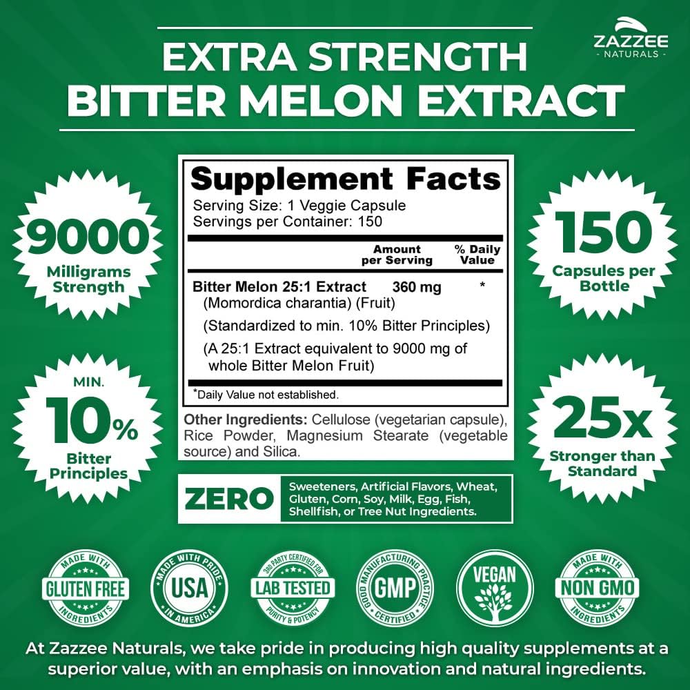 Zazzee Extra Strength Bitter Melon 25:1 Extract, 9000 mg Strength, 150 Vegan Capsules, 10% Bitter Principles, 5 Month Supply, Non-GMO and All-Natural