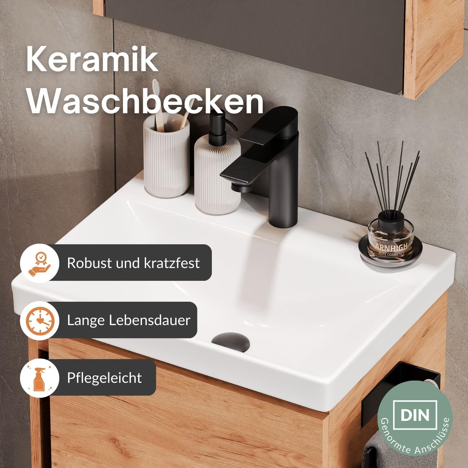 Planetmöbel Waschtisch mit Unterschrank 50 cm inkl. Badspiegel mit Beleuchtung oval, Badmöbel Set mit Waschbecken, hängend, Gold Eiche