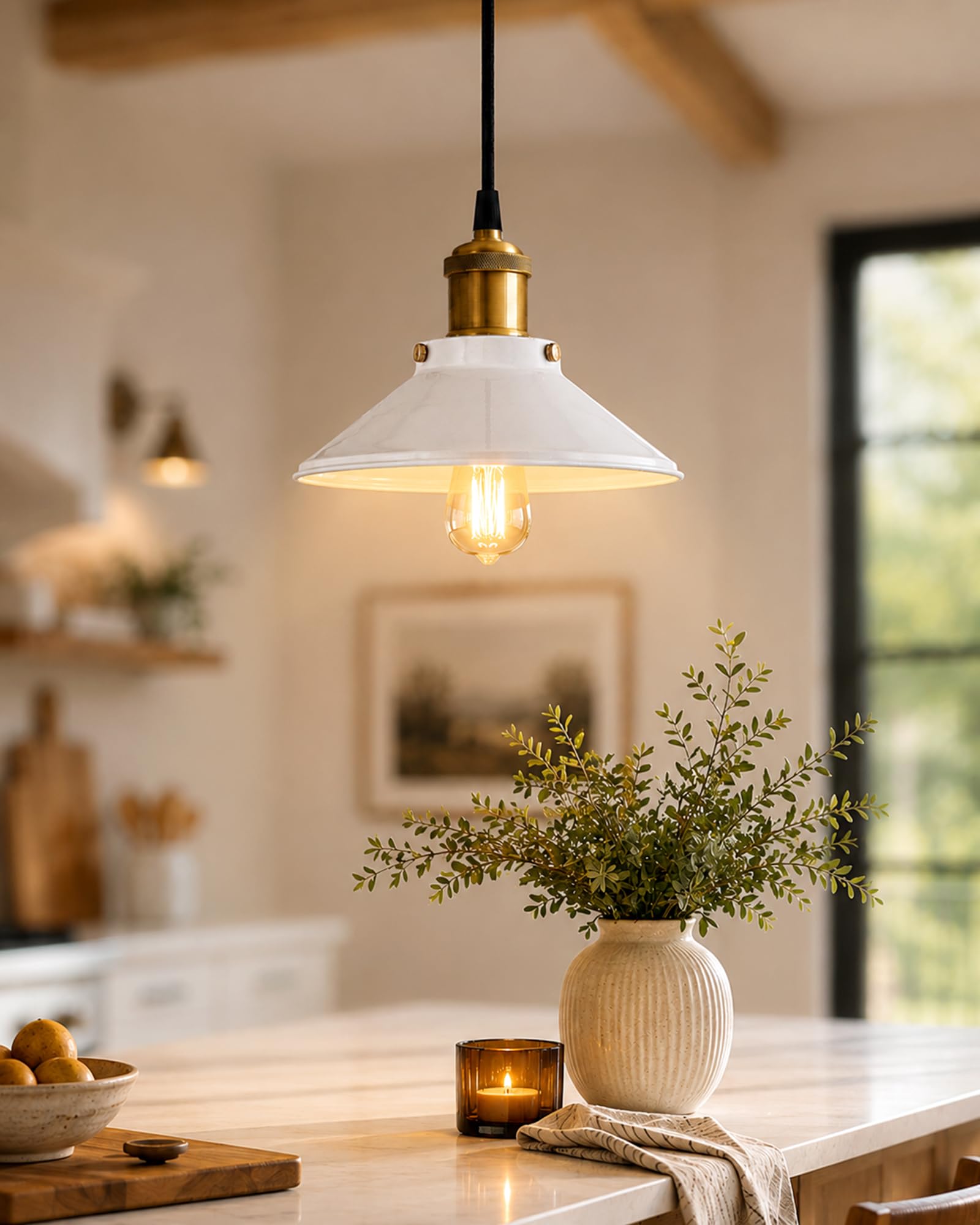 Homesake Vintage Industrial Pendant Light - White Metal Shade, Edison Bulb, Retro Hanging Lamp for Kitchen, Dining Room, Living Room, Home Decor, Ceiling Light, Industrial Style, Metal Hanging Light-image-2