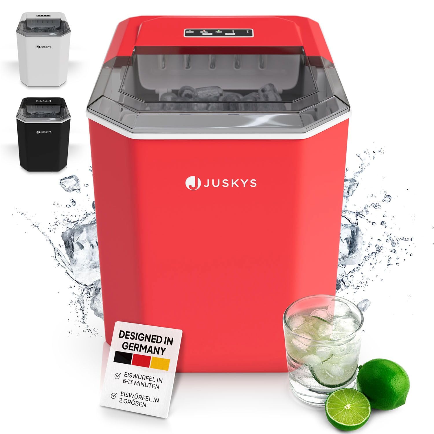 Juskys Eiswürfelmaschine klein mit Eiswürfelbehälter Rot 6-13 min 12 kg/Tag Ice Cube Maker