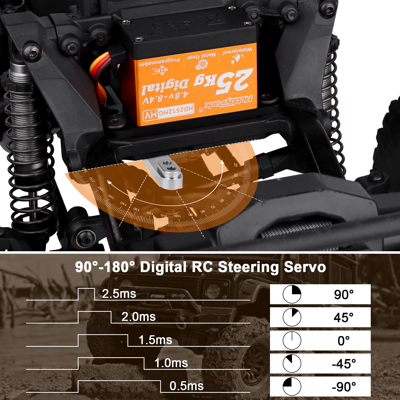 HobbyPark Paquete de 2 servos resistentes al agua de 25 kg para todos los engranajes de metal, servo digital de acero inoxidable, servo dirección Arduino para 1/12 1/10 RC Crawler Car Truck Buggy 5V