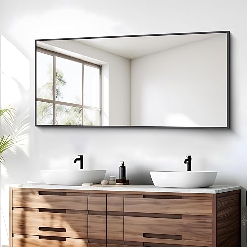 Espejo de baño, espejo de pared de 24 x 48 pulgadas para baño, espejo rectangular negro de esquina cuadrada, espejo de baño negro para sala de