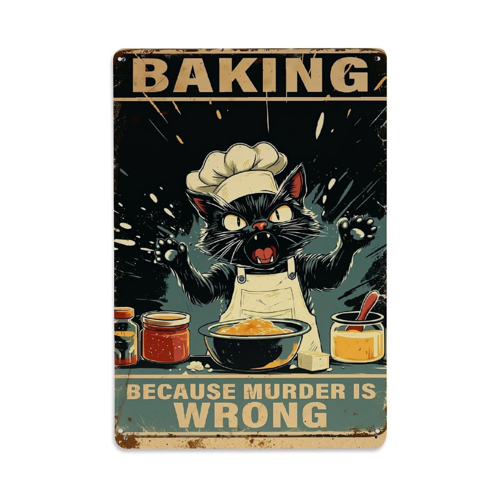 Bliveurn Vintage Angry Black Cat Baking Poster Retro Metal Tin Sign, Metal Poster For Home, Gaming Room, Studio Workshop,Bar,Garage Wall Art Decor 8X12 Inch