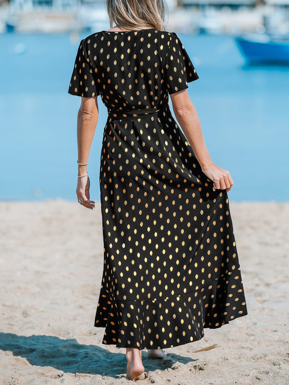 CUPSHE - Vestido largo cruzado de verano para mujer, informal, manga acampanada, cuello en V, con lazo en la cintura y volantes
