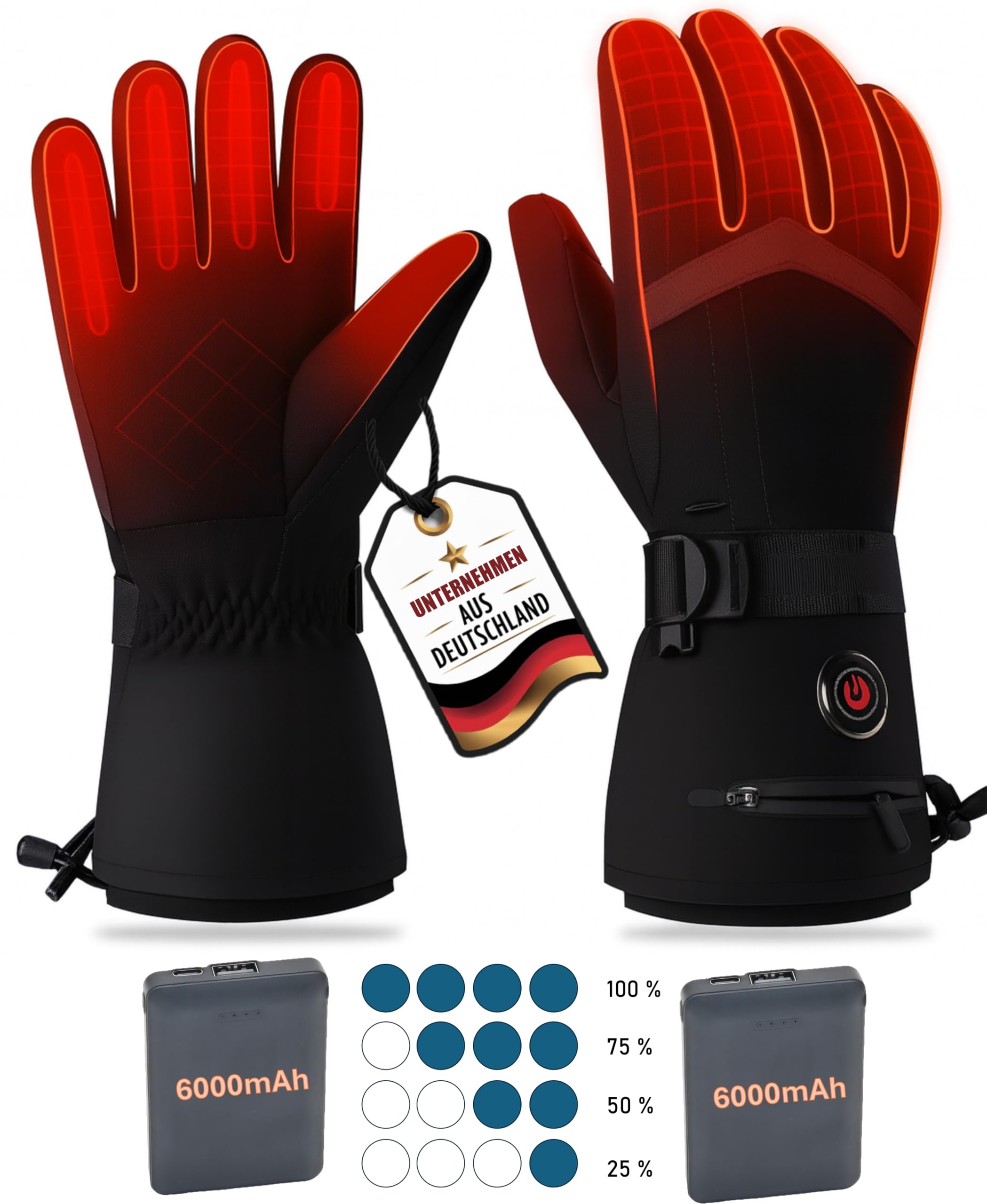 SOUCCESS Beheizbare Handschuhe – 6000 mAh Akku, 3 Heizstufen, Wasserdicht & Winddicht, Touchscreen-kompatibel, Unisex Thermo-Handschuhe für Skifahren, Motorrad, Angeln, Outdoor & Alltag