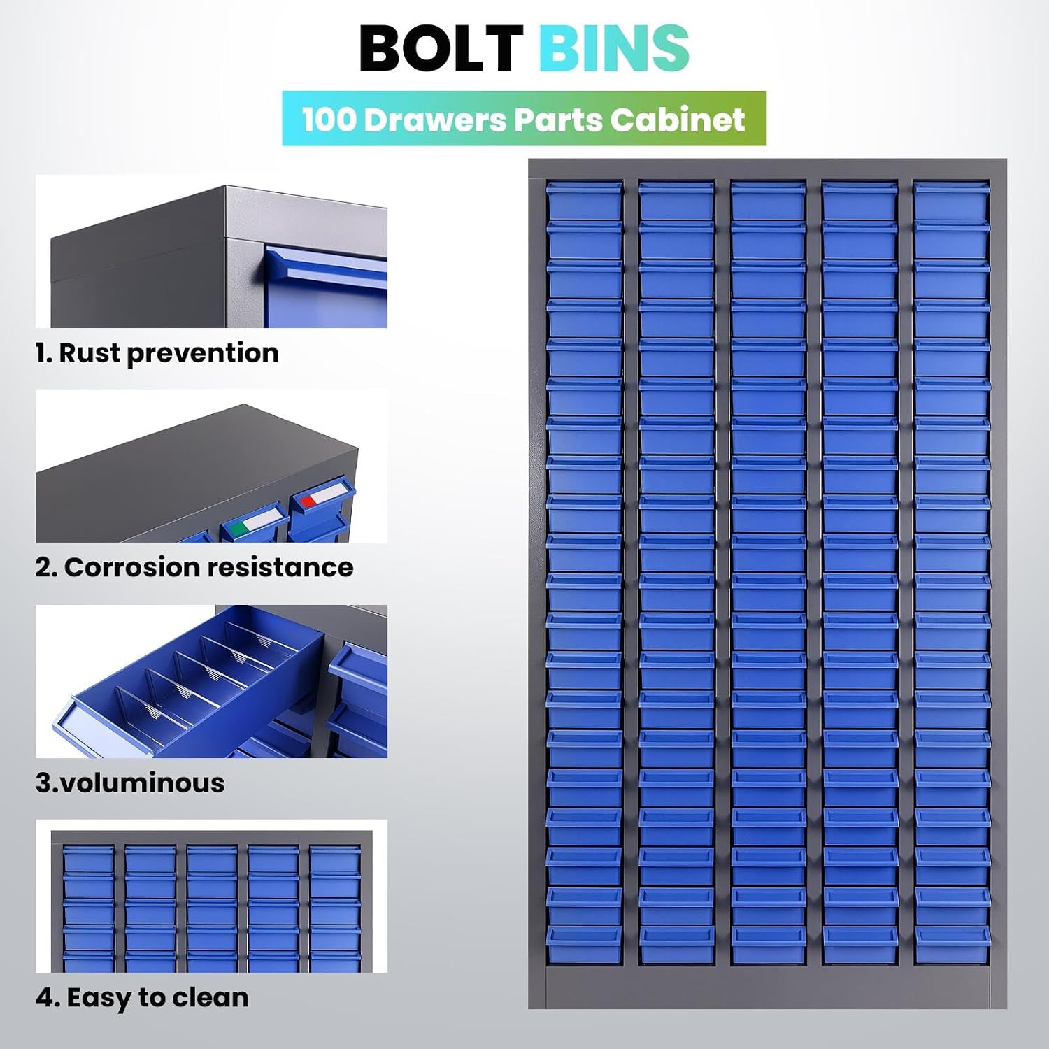 100 Drawers Parts Cabinet with Label Stickers, 9" D x 25.8" W x 46" H Stainless Steel Bolt and Nut Storage Cabinet with ABS Drawers, Parts Cabinet for Workshop Laboratory Home Tool Storage