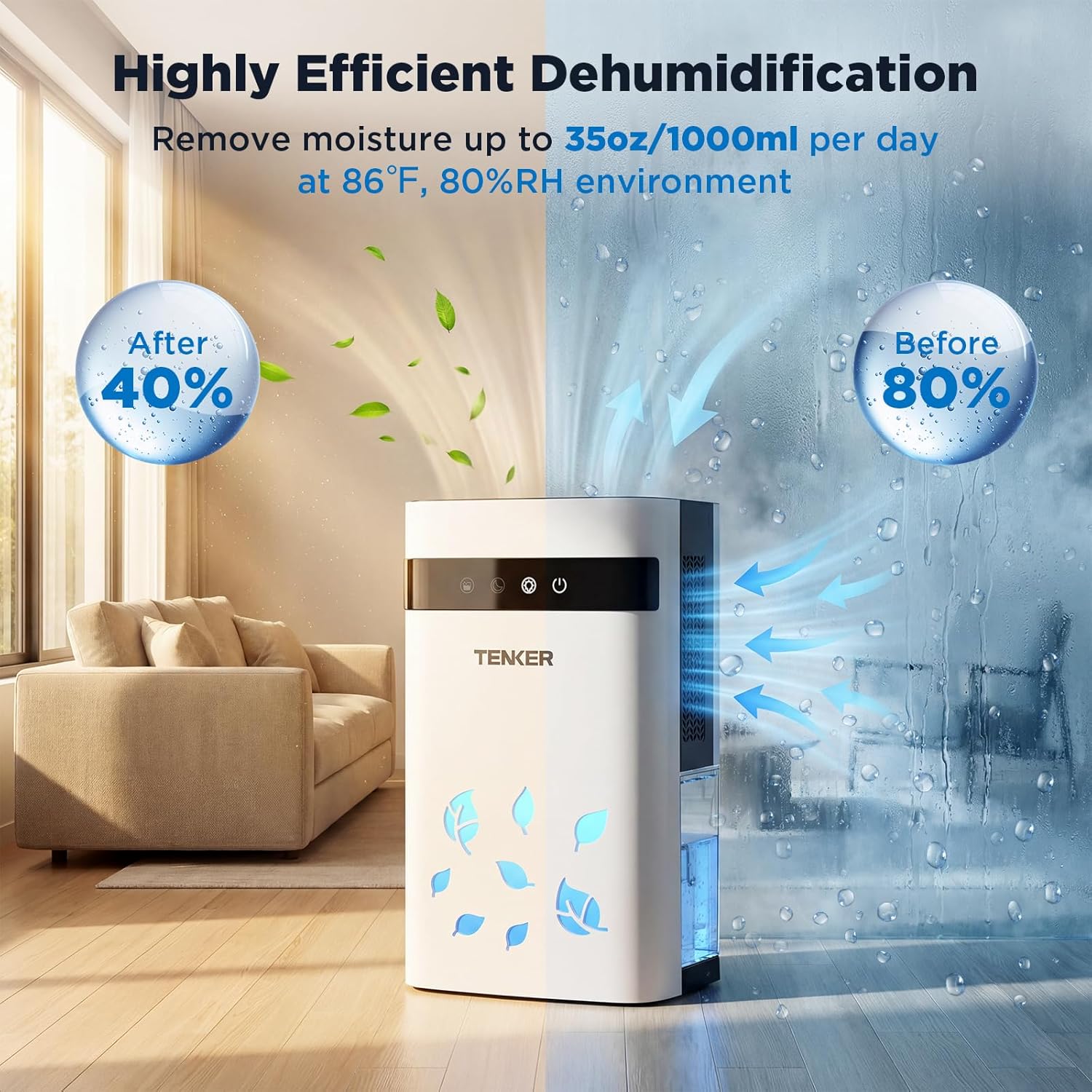 TENKER Dehumidifier for Home, 77oz Water Tank (1000 sq.ft) Dehumidifiers, Quiet Dehumidifier with Auto Shut Off, Sleep Mode, 7-Color LED Light for Closet Bedroom Bathroom RV, White