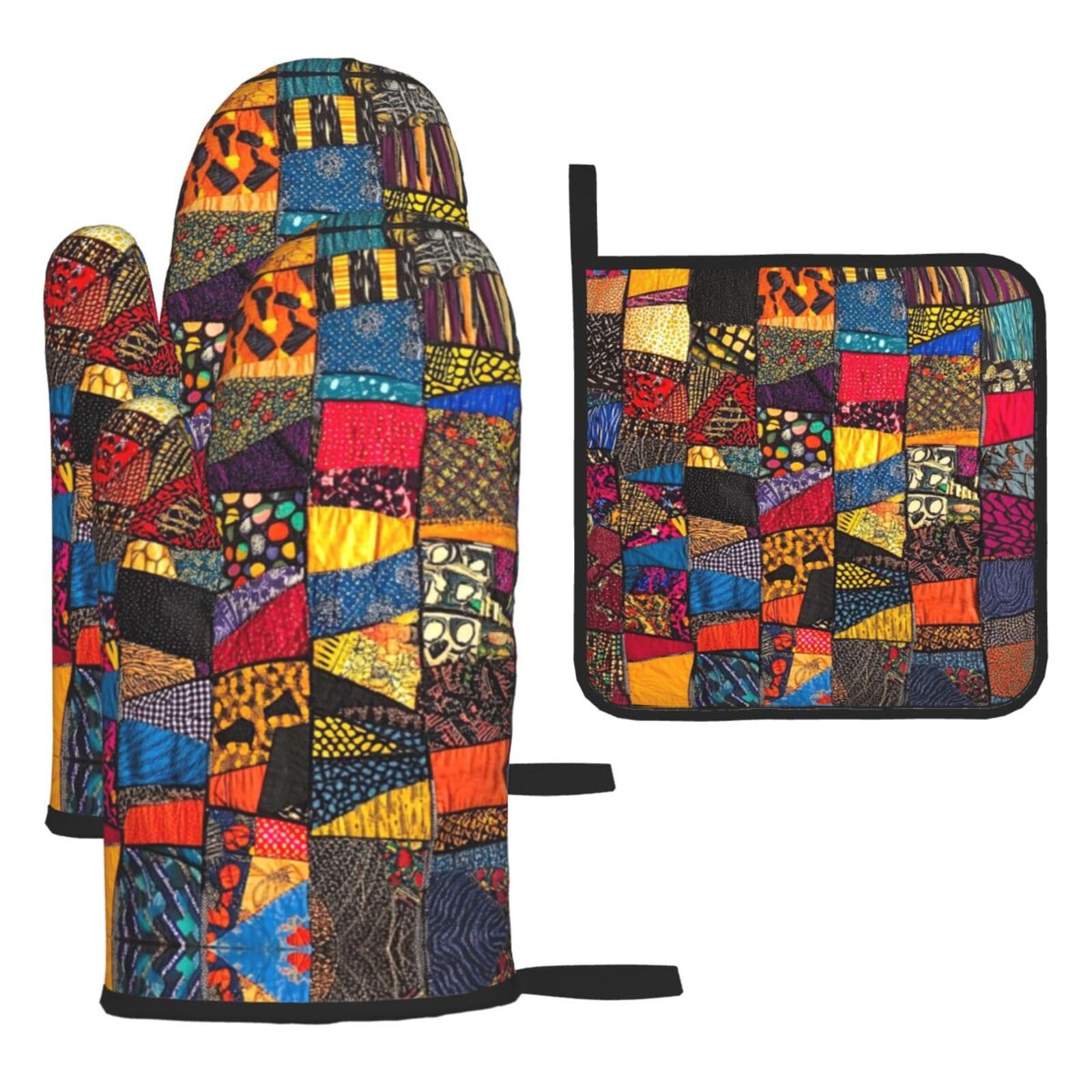 Oven Mitts and Pot Holders Set of 3 Heat Resistant Non-Slip Kitchen Gloves Hot Pads African Style Patchwork Mittens Gloves Non-Slip Potholders for Cooking Baking Grilling BBQ