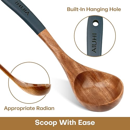 Miniatura 5 de Cucharón de sopa de madera, cuchara grande de madera con mango largo para cocinar, cucharas grandes de 10.8 pulgadas para cocina, cucharones para