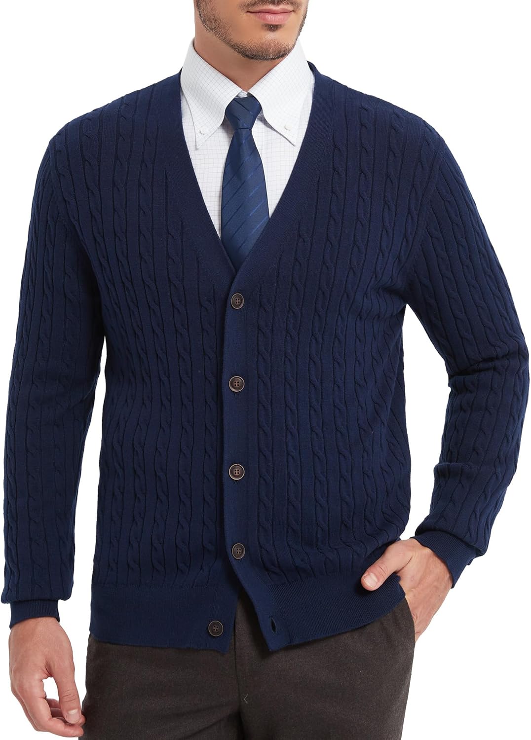 Kallspin Men’s Pure Cotton Cable Knit Cardigan V Neck Button Down Sweater Classic Casual Knitwear