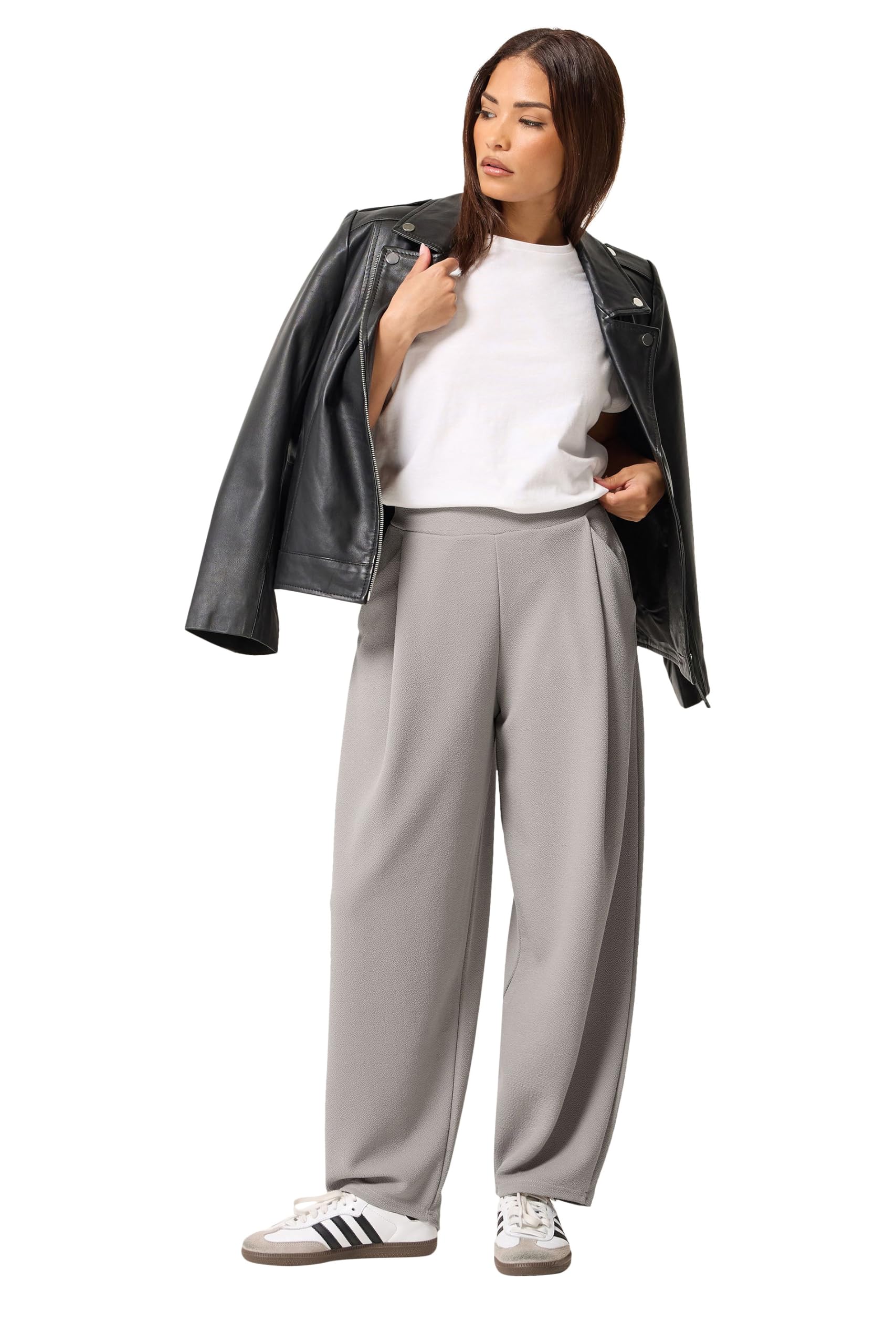 Pixiegirl Women's Pale Grey Petite Crinkle Barrel Leg Trousers In Size 16