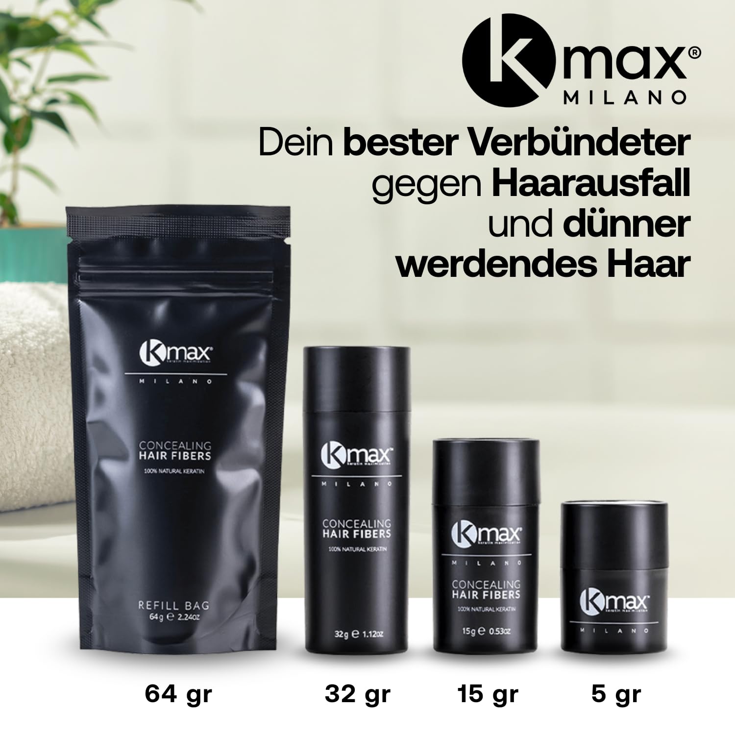 Kmax Haarpuder aus Keratin haare 15 g, Professionelles volumen puder haare natürliche, ansatzpuder zur Abdeckung von Kahlstellen – Schwarz