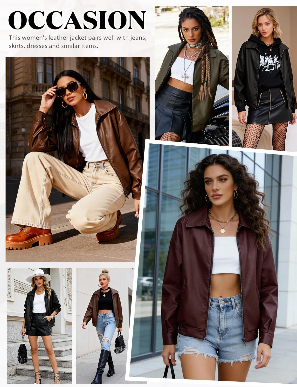 CMTOP Veste Femme Cuir Blouson Femme PU Simili Cuir, Décontractée Mode Y2K Veste mi Saison, Motard Biker Bombers Blousons Léger Zippé Jacket avec Poches pour Printemps Automne
