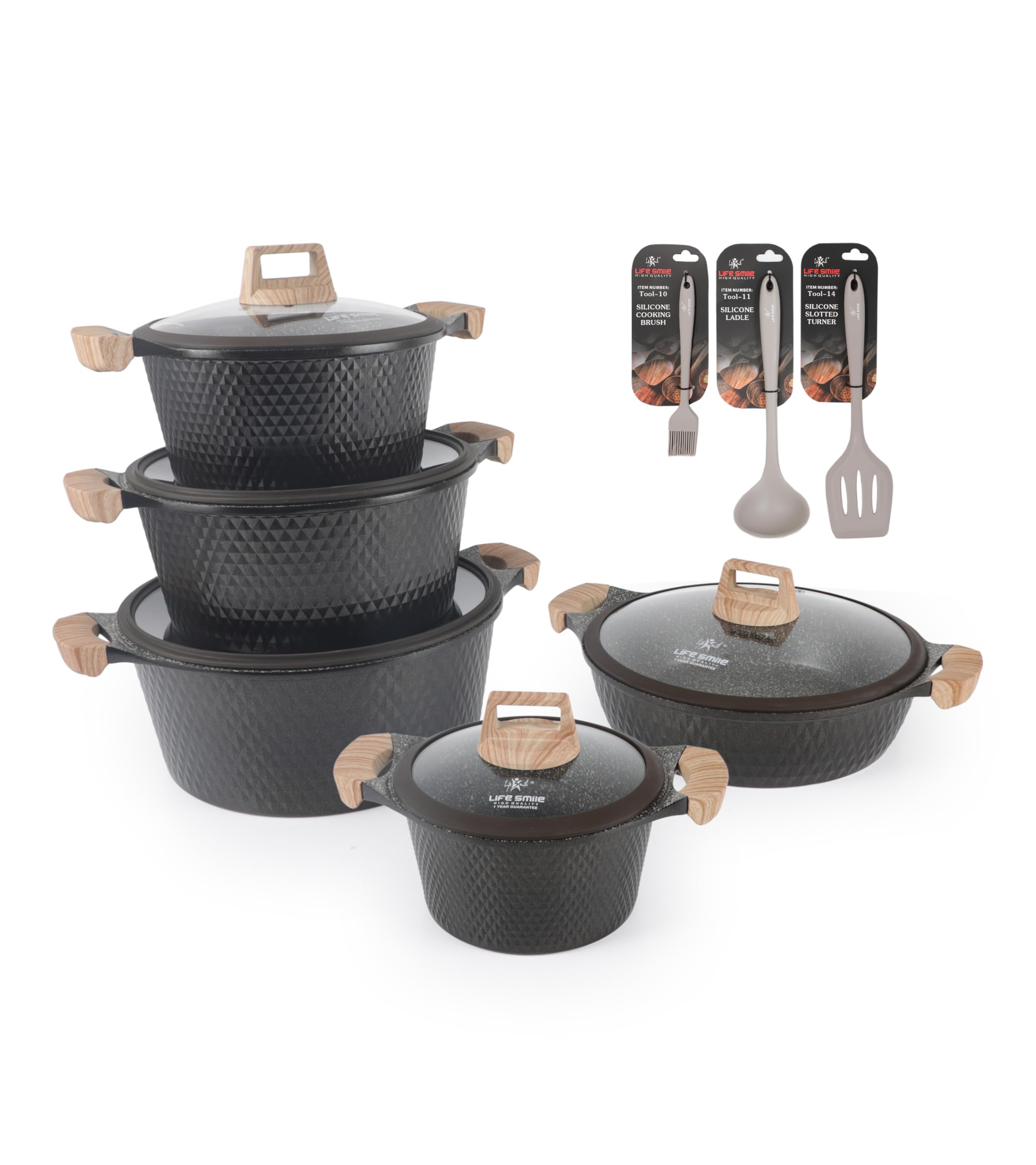 LIFE SMILECookware Set - 13 Pieces Pots and pan set Induction Base, Granite Non Stick Coating 100% PFOA FREE, Die Cast aluminum Body include Casseroles & Shallow Pot & Kitchen Utensils (Brown)