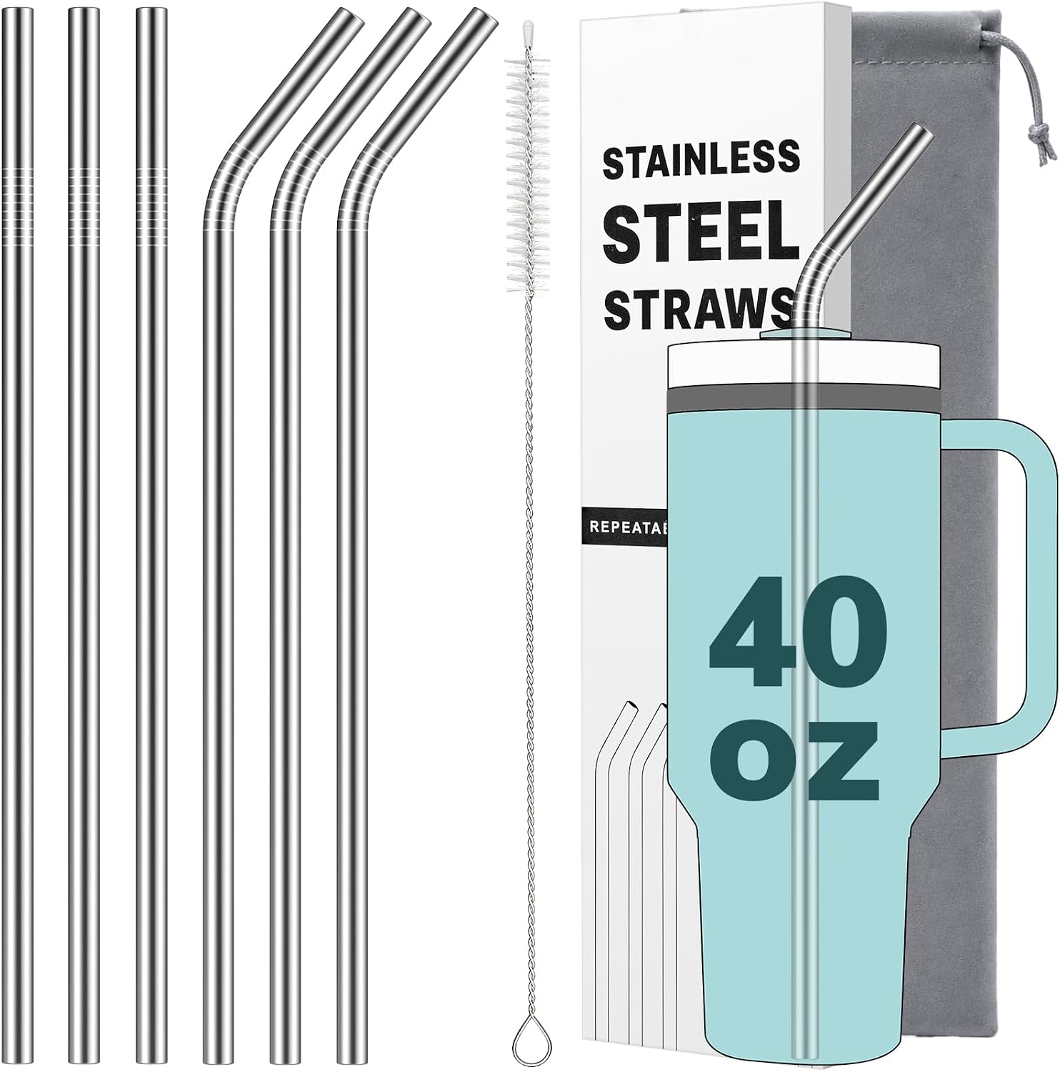 6 Pack Metal Straws for Stanley 40 oz Tumbler, Stainless Steel Reusable