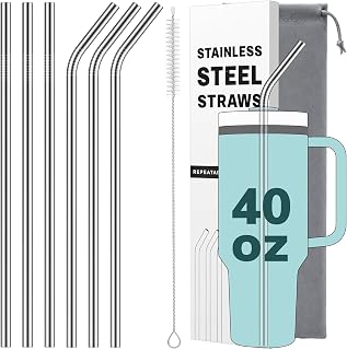 6 Pack Metal Straws for Stanley 40 oz Tumbler, Stainless Steel Reusable Replacement Straws with Cleaning Brush & Storage Bag Compatible for Stanley Quencher 40oz Cup (3x Straight & 3x Bent)