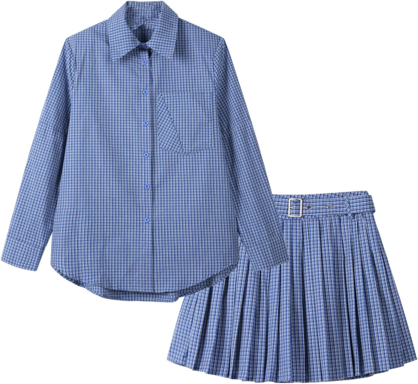 Set Skirt Women Loose Plaid Shirt + Pleated Skirt Casual Two-Piece Set