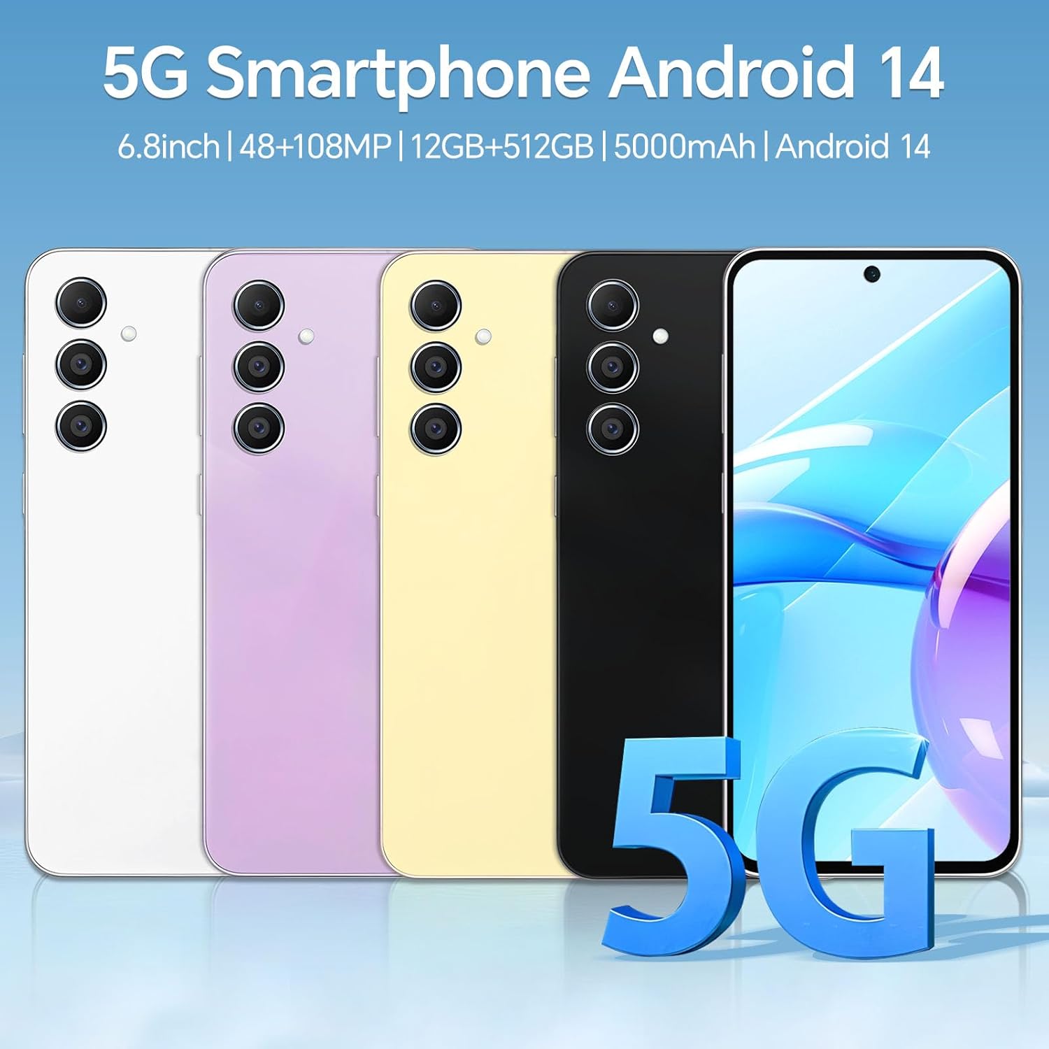 Unlocked M55 Ultra Phones, 12GB+512GB Cell Phone with 5000mAh Battery, 48MP+108MP Camera 5G Cell Phones, 6.8'' Screen Android 14.0 Mobile Phone, Face ID/Dual SIM/WiFi/Bluetooth,Yellow