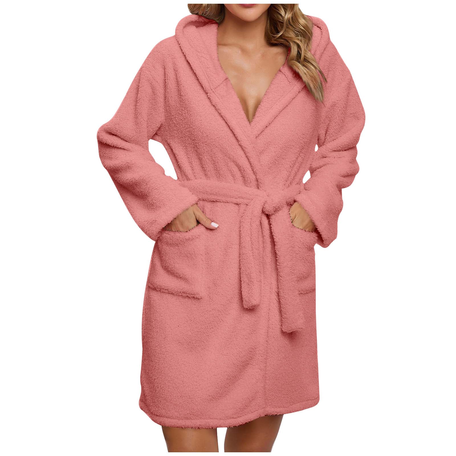 Fuzzy Robe for Women Fleece Cozy Warm Bathrobe Long Sleeve Mid Length Robe Soft Spa Plush Bathrobes