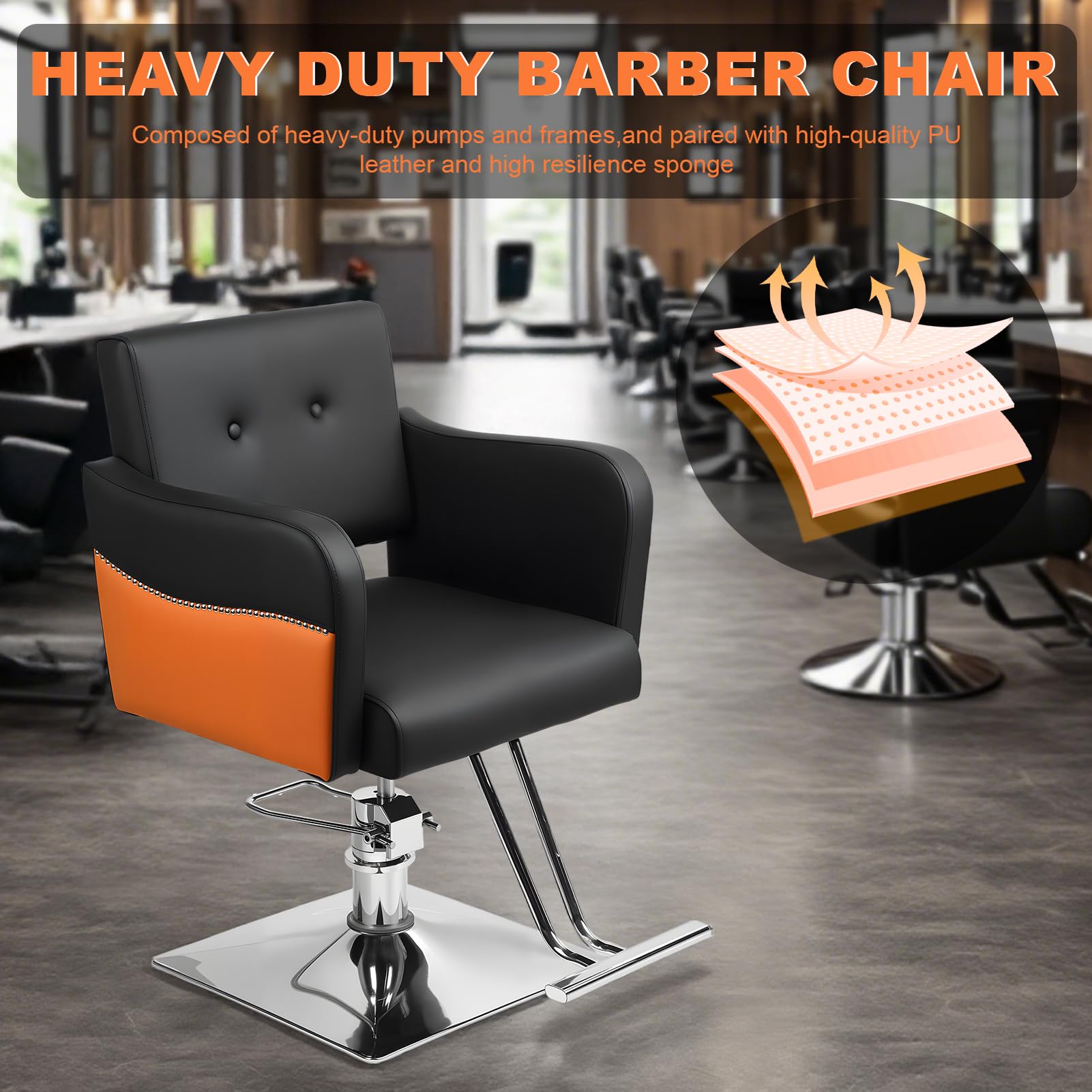 Friseurstuhl Höhenverstellbar mit hydraulischer Pumpe 360° Drehbar belastbar bis 150 kg Schwarz Orange