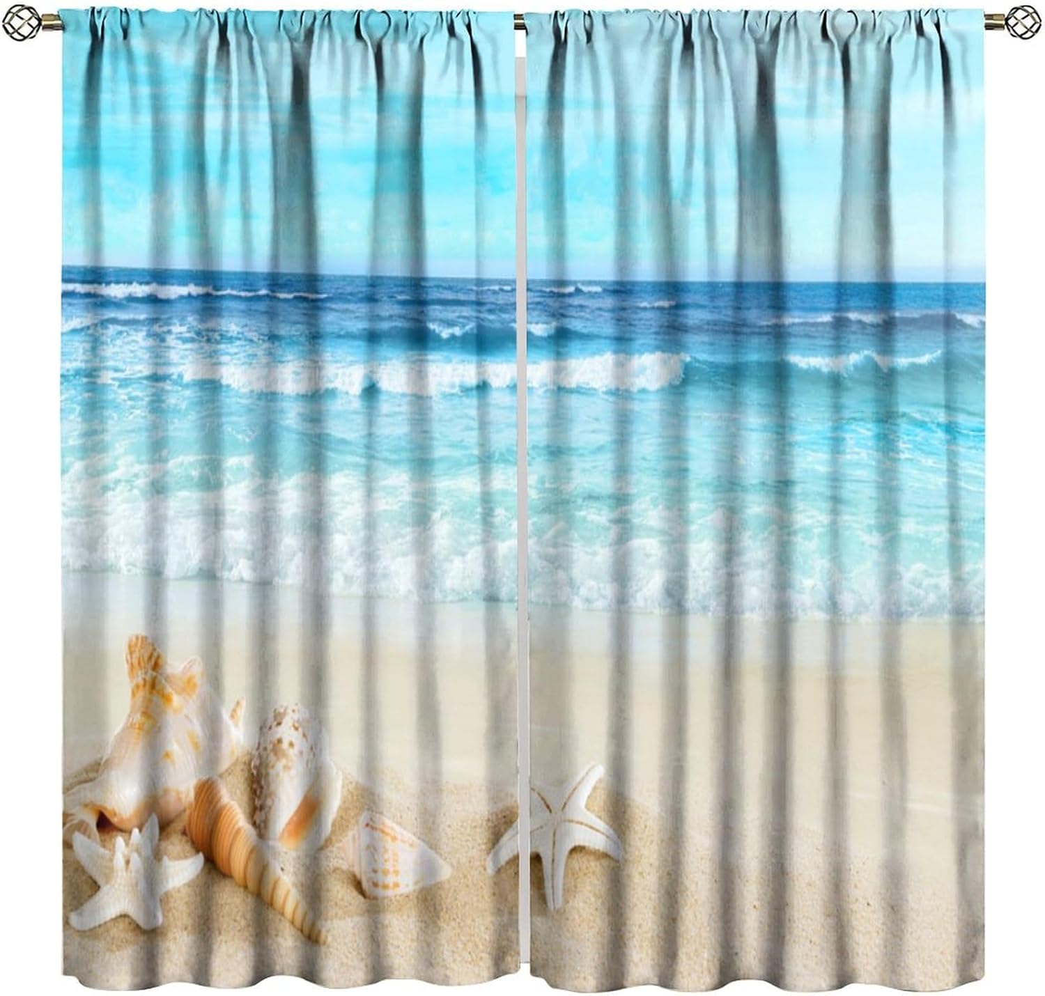 Beach Curtains Seashell Starfish Rod Pocket Blackout Window Drapes for Bedroom Living Room Kitchen Cafe Decor （W21xL63 Inch） x2 Panels