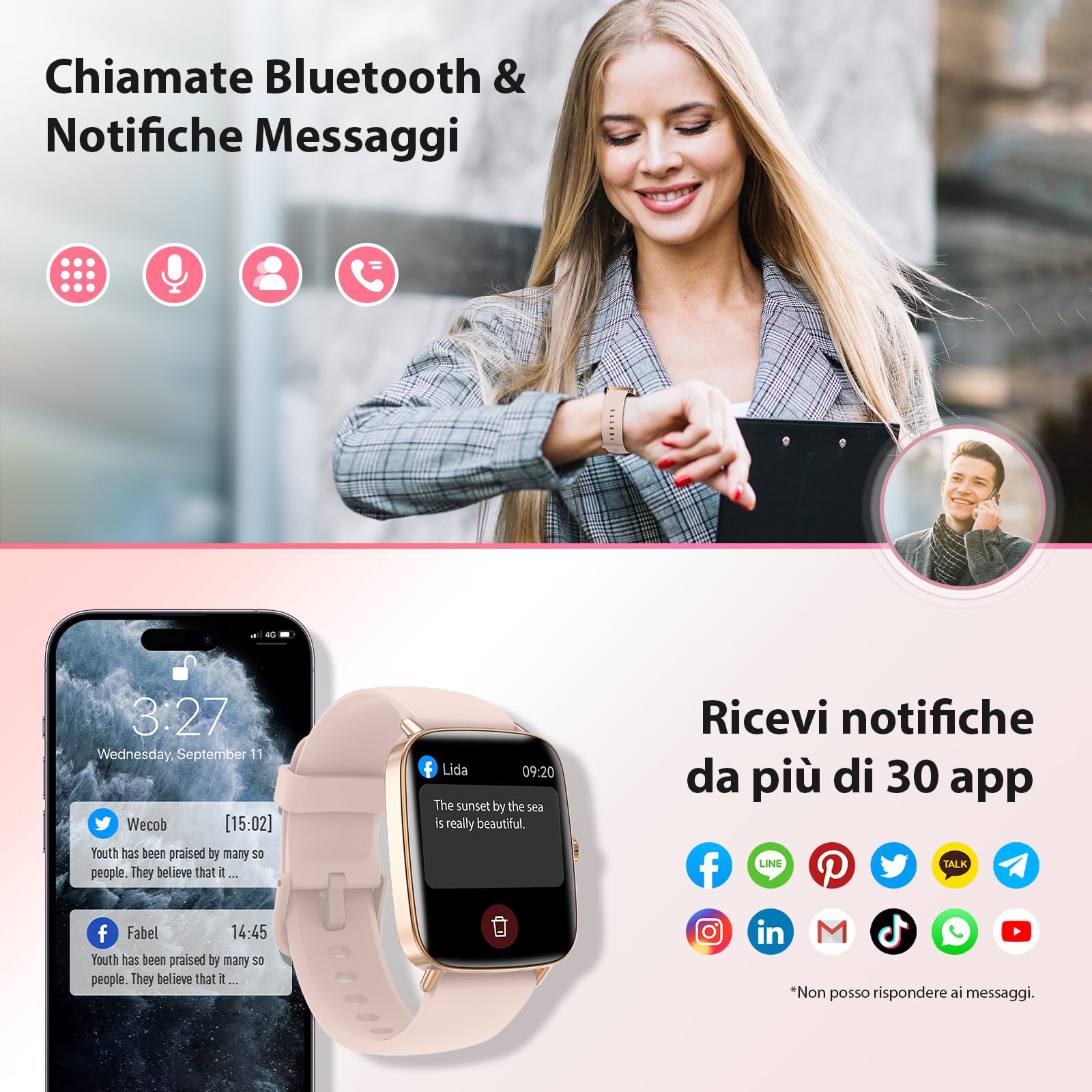 Smartwatch Donna, 1.85" Orologio Smartwatch con Chiamate e Notifiche WhatsApp, Fitness Tracker con Contapassi Sonno SpO2 Cardiofrequenzimetro, 110 Sportive, IP68 Smart Watch per Android iOS Rosa