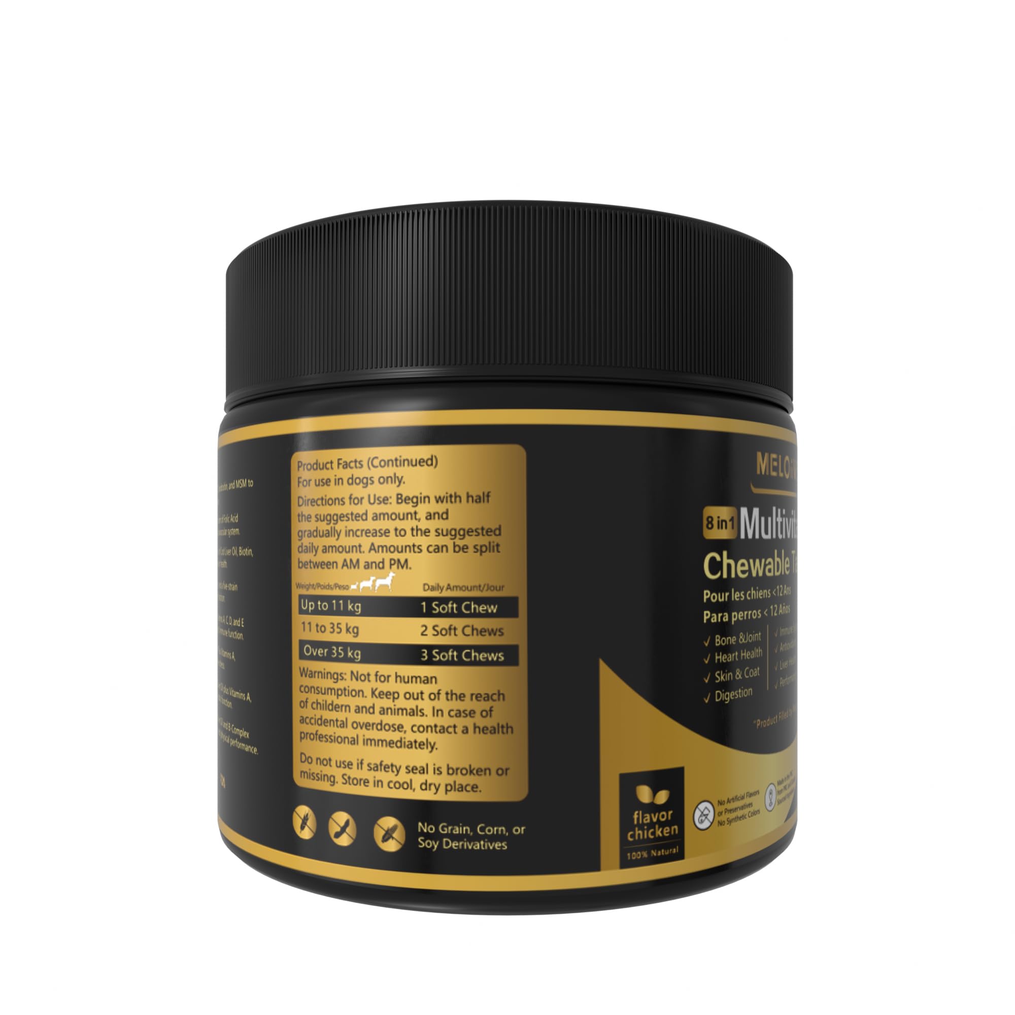 Meloive 8 en 1 Multivitamines pour Chien | Compléments Alimentaires Premium pour Chiens | Vitalité, Probiotiques, Articulations, Pelage, Immunité, Coeur, Cerveau | Au Poulet | 120 Comprimés