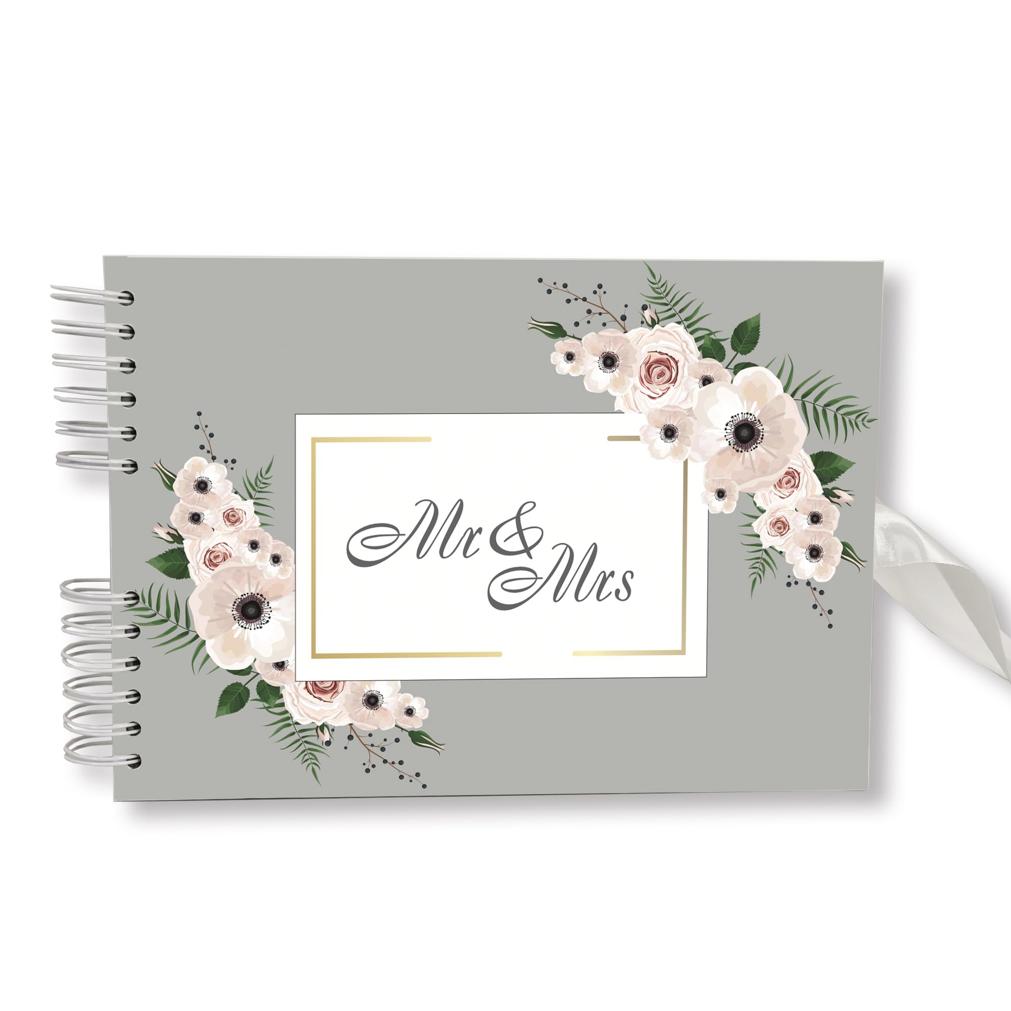 LP Lifestyle Large 12"x 8" A4 Size Guest Book DIY Photo Album Scrapbook - 80 Thick Blank Pages – Perfect for Weddings and Gifts (Grey Floral Frame ‘Mr & Mrs’)