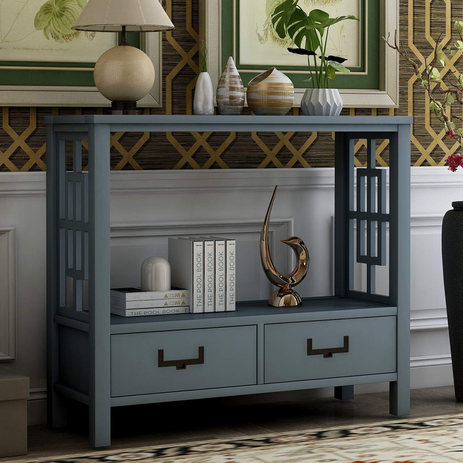 P PURLOVE Sofa Table Console Table for Entryway Wood Table with 2 Storage Drawers for Living Room Hallway Bedroom (Antique Navy)