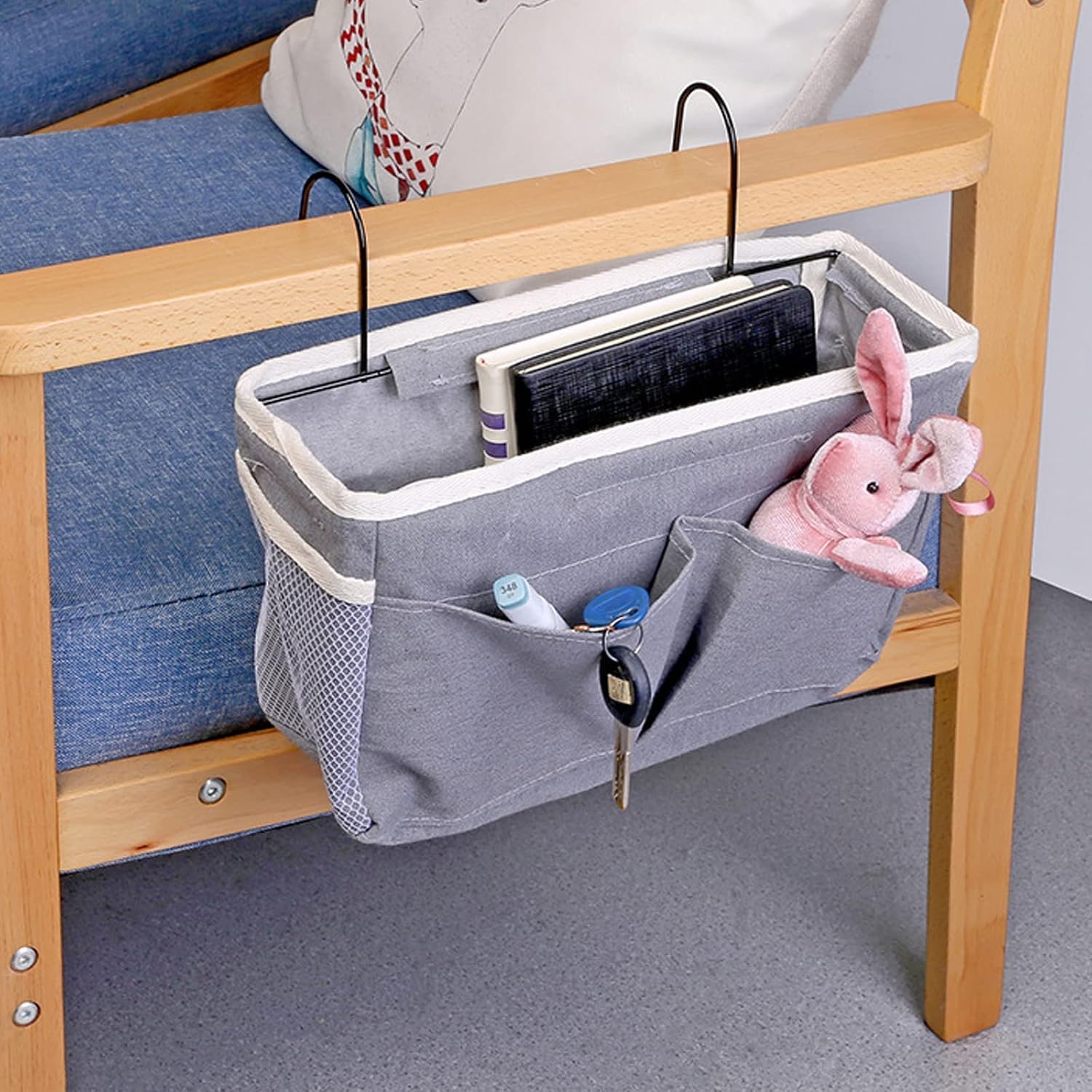 Bedside Caddy Hanging Storage Basket Multi-Function Organizer For Bunk And Hospital Beds Dorm Rooms Bed Rails, Can Be Placed Glasses, Books, Mobile Phones, Keys., Stationary, Grey-image-48
