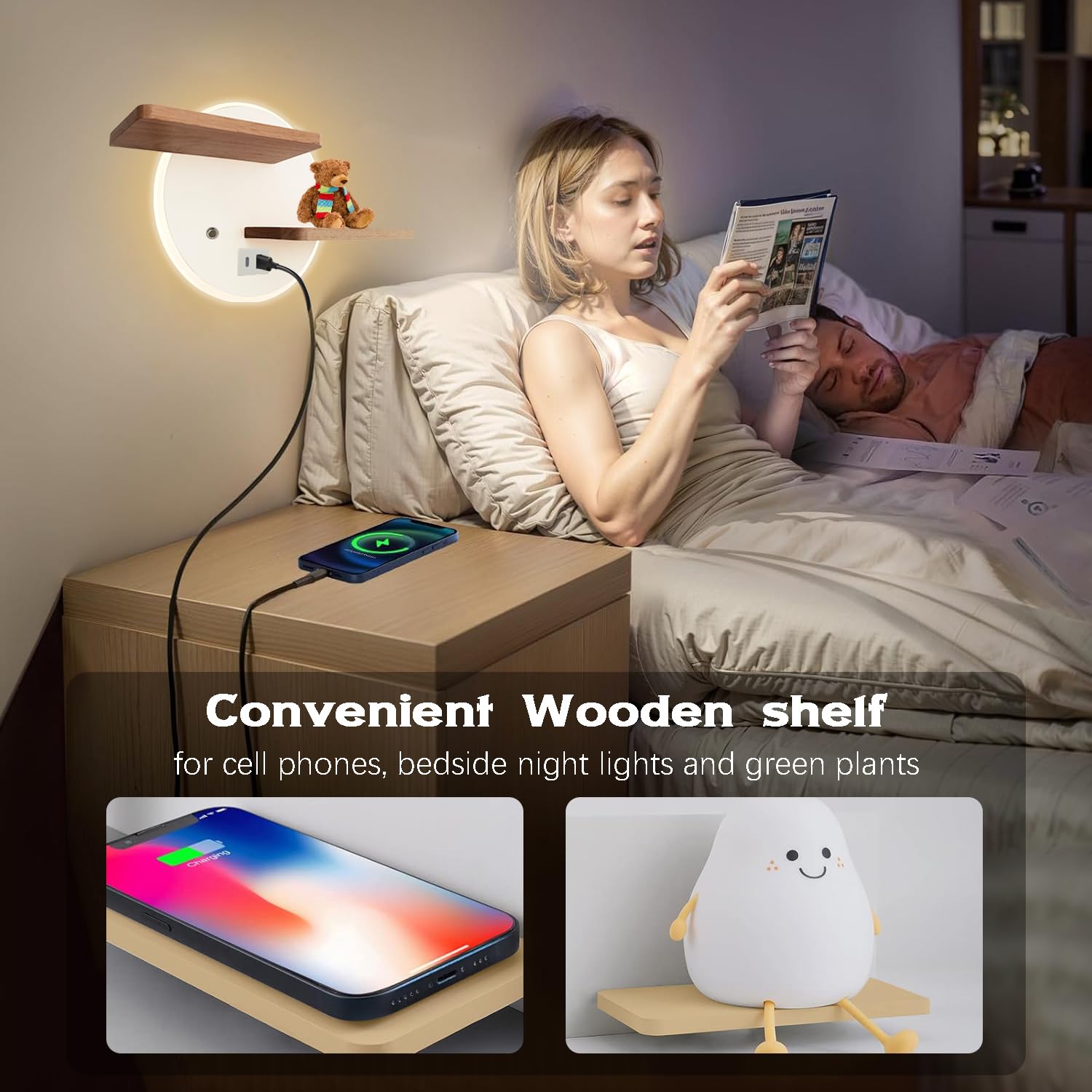 KZT Applique murale avec port de charge USB, contrôle tactile, à intensité variable, avec prise et câble, 15 W, lampe de chevet, éclairage mural pour chambre à coucher, salon, chambre d'enfant