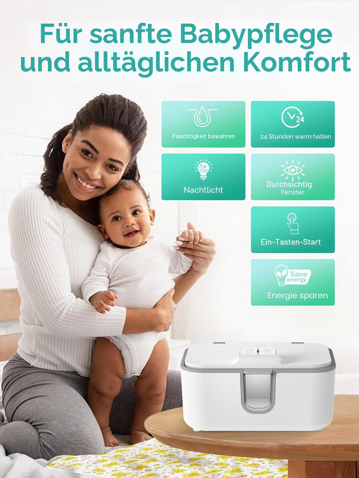 Baby Feuchttücherwärmer, größere Kapazität, Wischtuchspender, gleichmäßige Erwärmung Windel-Wischerwärmer mit Nachtlicht, Ein-/Ausschalter, Weiß