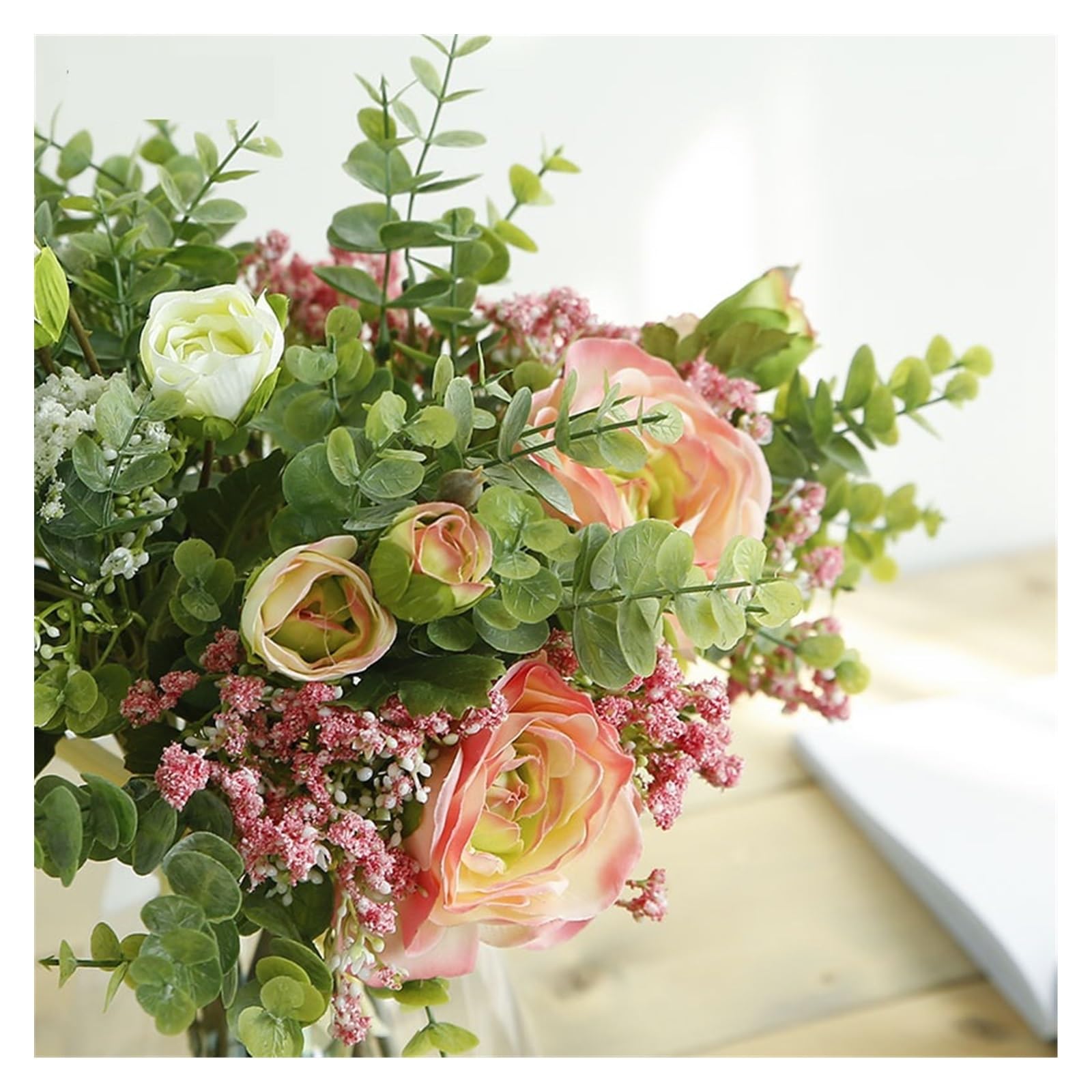 Fiori Artificiali Bouquet da Sposa Damigelle d'Onore in Rayon con Volant Rose Foglie di eucalipto Bouquet di alito Decorazione della casa Artificiale Falso(Pink)