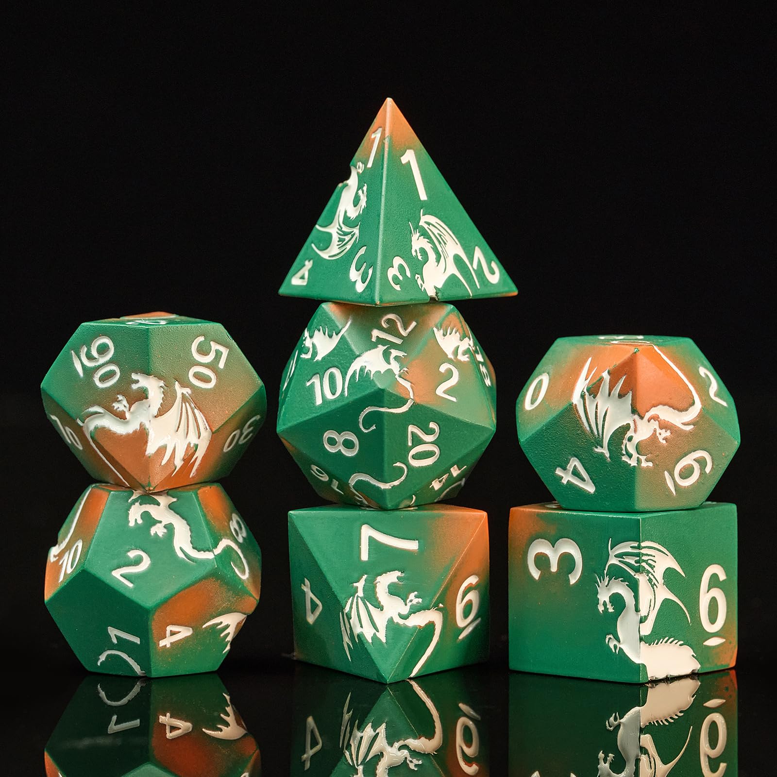 HNCCESG Metal Dice Set,7-Piece Dragon Dice for DND and RPGs,Green Orange