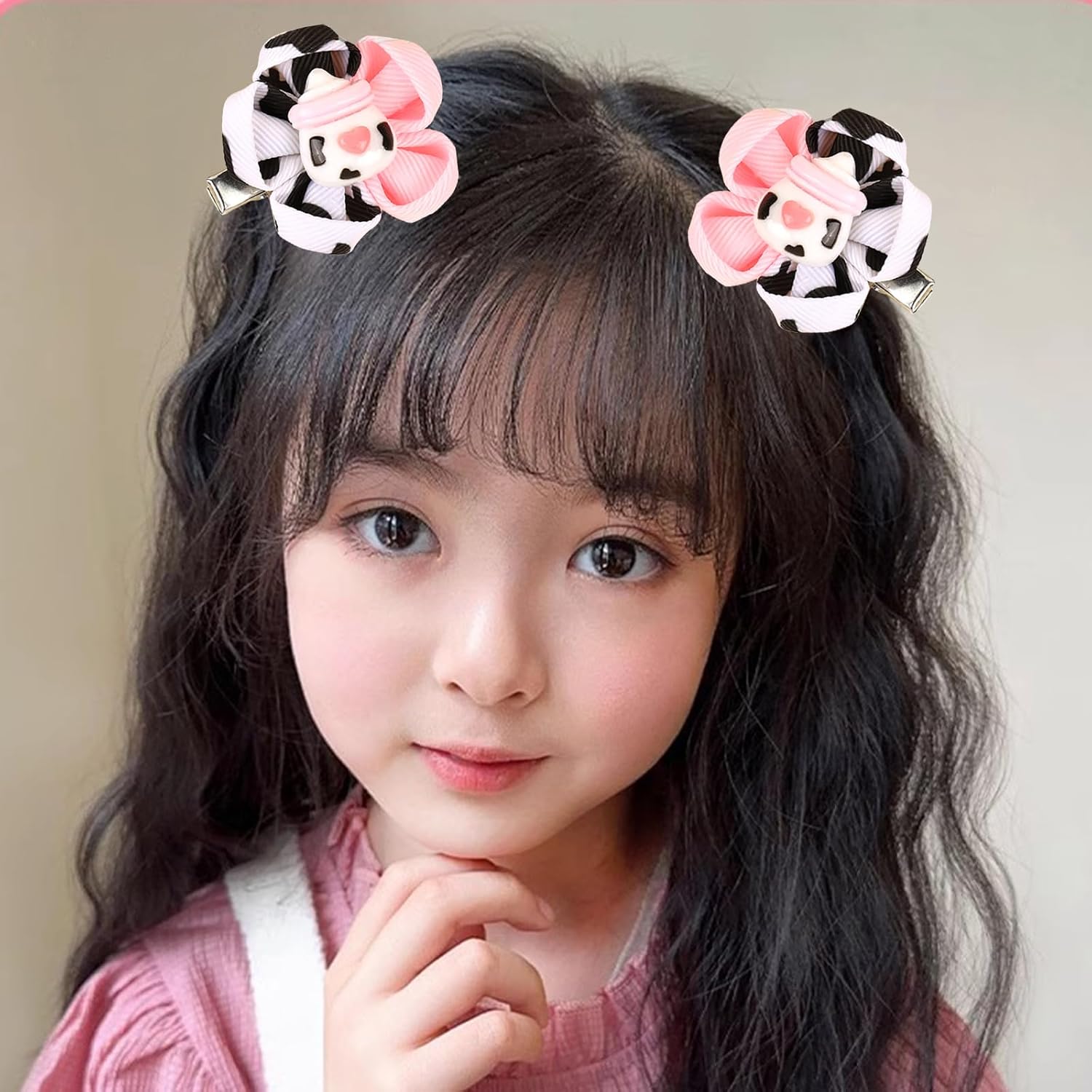 3 Pairs Cow Print Baby Hair Clips, Pink Cowgirl Pigtail Bows for Baby Girls Cute Moo Cow Bows with Alligator Clips Barrettes Flower Grosgrain Ribbon Tiny Bows Farm Party Costume Hair Accessories - Image 4