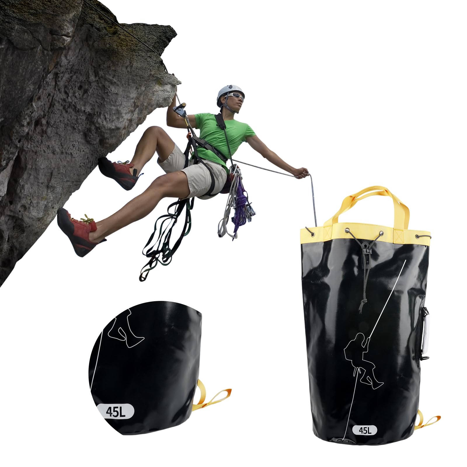 Outdoor-Kletterseiltasche, entleerbarer PVC-Aufbewahrungsrucksack, verdickte Rettungsausrüstungstasche (schwarz, 45 l)