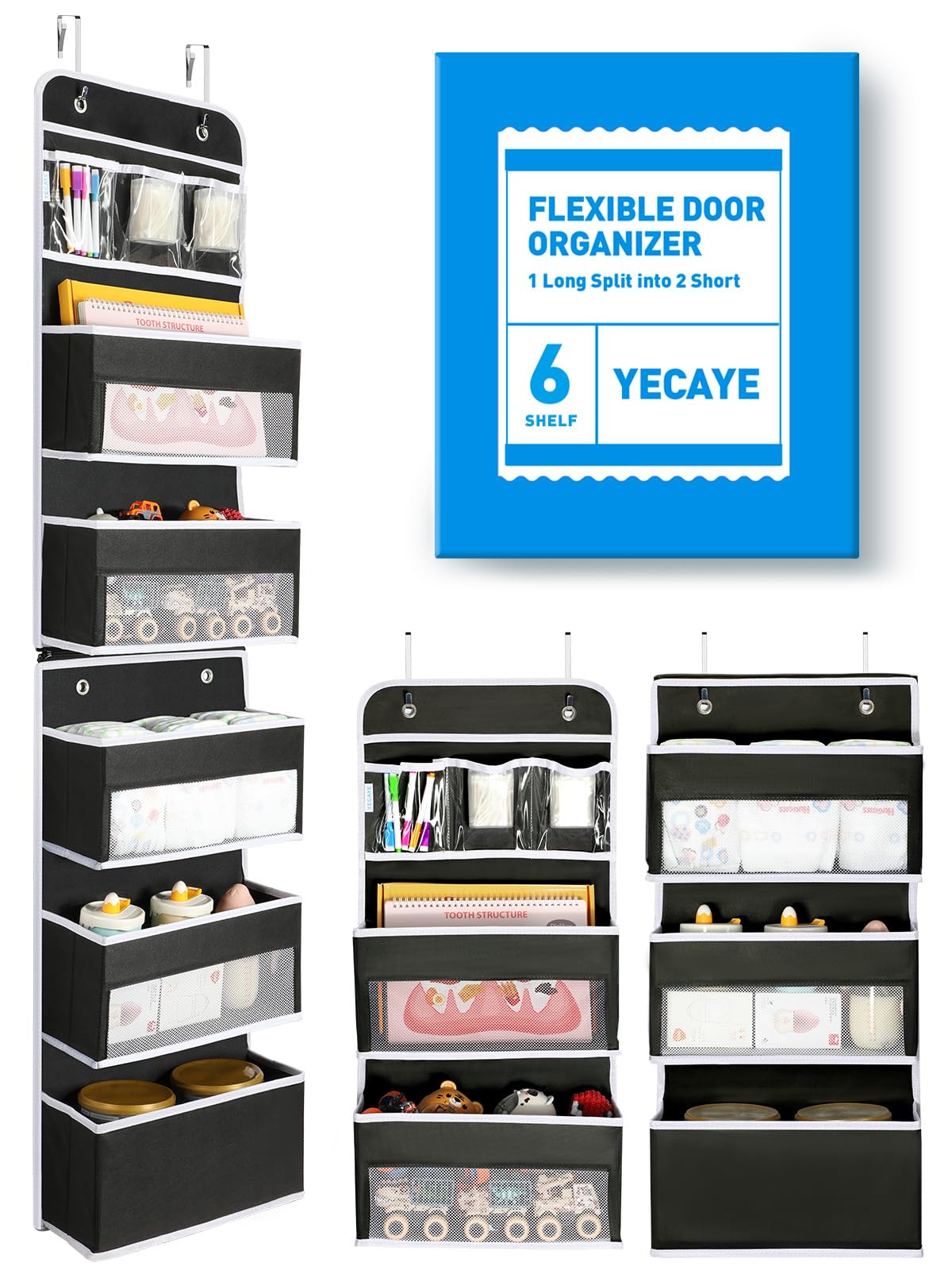Yecaye 6-Tier Over The Door Storage Organizer, Flexible 1 Split into 2 Swing-Proof Hanging Bathroom Organizer, Bedroom Organizers and Storage for Newborn Baby Essentials, Black