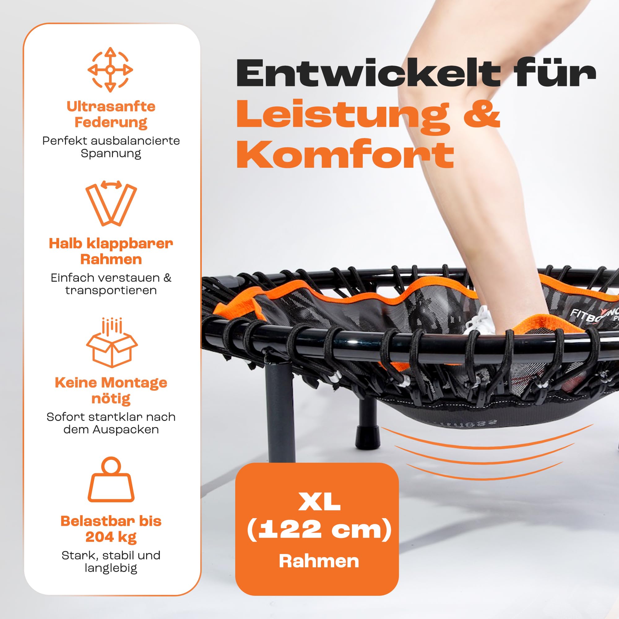 FIT BOUNCE PRO XL Bungee Rebounder ist ein klappbares geräuschloses orthopädisches Qualitäts Indoor Mini Trampolin für Erwachsene und Kinder |DVD|extrabreite Sprungfläche Zugelassen für Physiotherapie