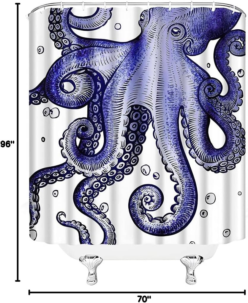 Purple Octopus Shower Curtain Ocean Kraken Sea Animal Octopus Tentacles Marine Life Nautical Cool 70" Wx96 H Bathroom Decor Curtain with Hooks
