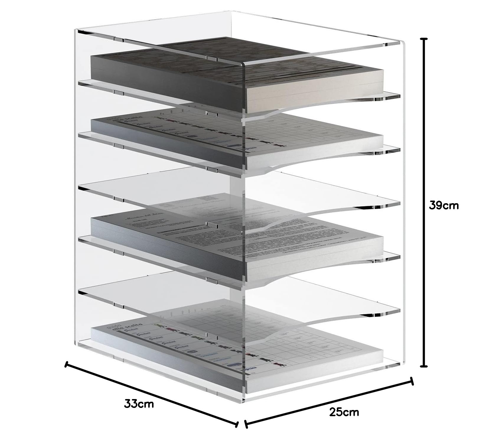 Vaschetta portadocumenti in plexiglass trasparente a 6 ripiani per documenti A4 - Misure totali: L 32.5 x P 25 x H 39 cm