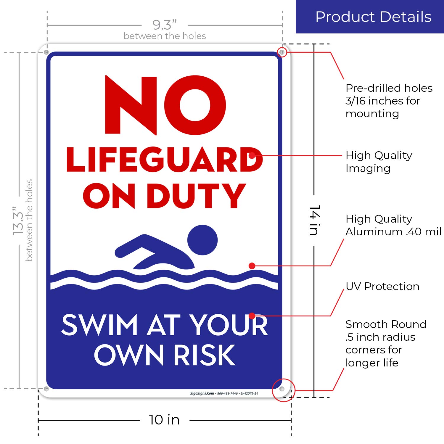 No Lifeguard On Duty Sign, Blue Pool Sign, 10x14 Inches, Rust Free .040 Aluminum, Fade Resistant, Made in USA
